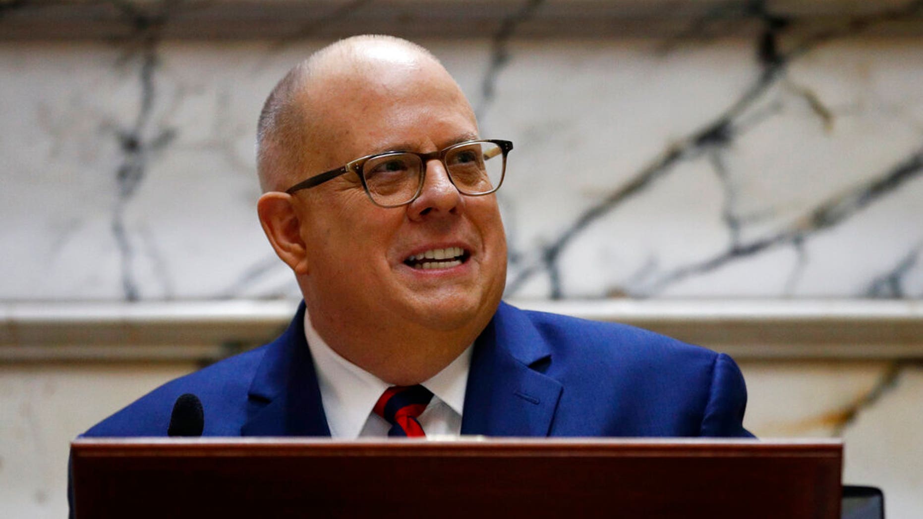 Maryland Gov. Larry Hogan, seen here in January 2019, is headed to New Hampshire for a major speech in April. (AP Photo/Patrick Semansky, File)