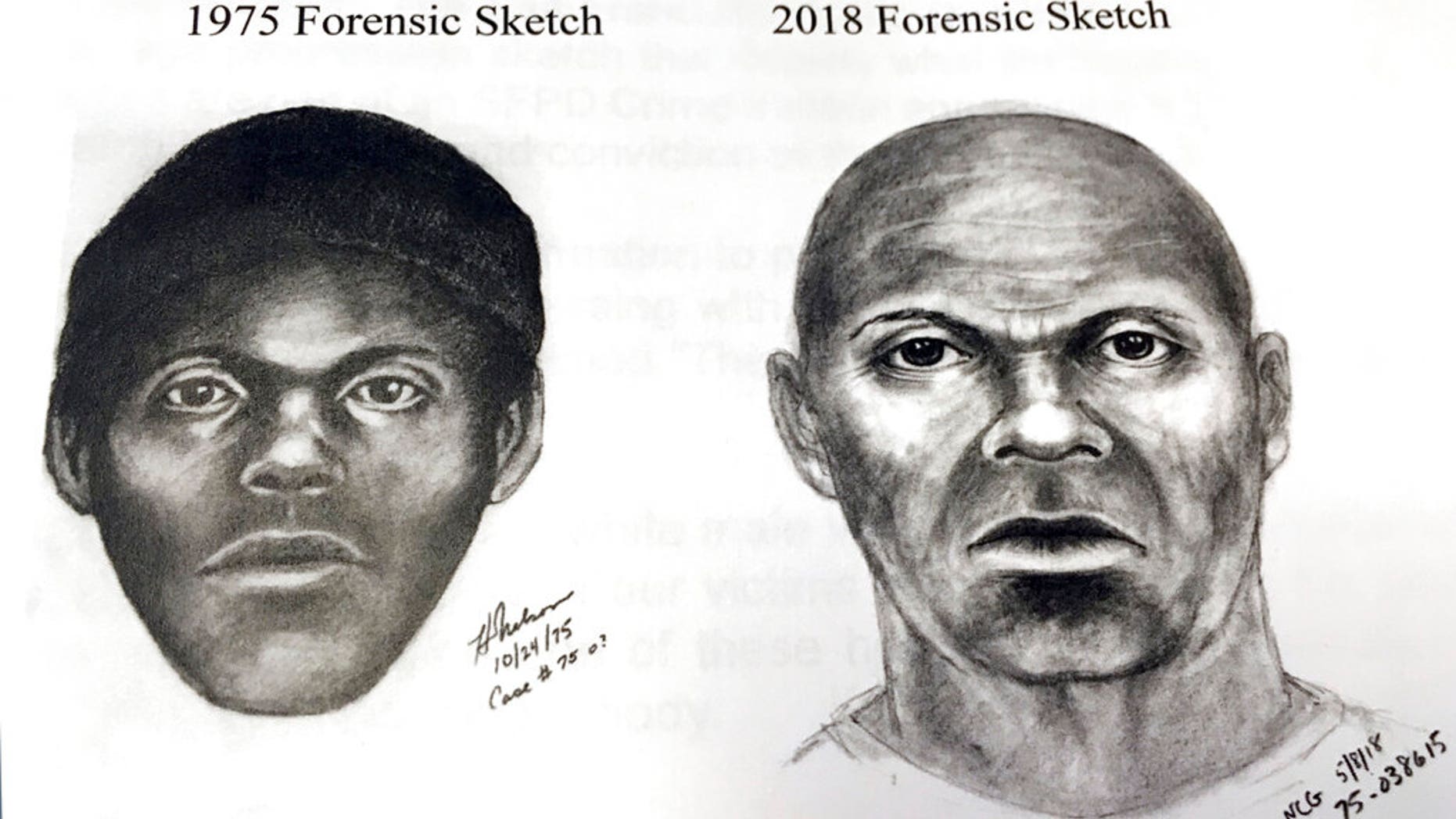 This pair of sketches provided by the San Francisco Police Department shows what a serial killer might look like now in a cold case involving at least five stabbing deaths of gay men in the mid-1970s in San Francisco.