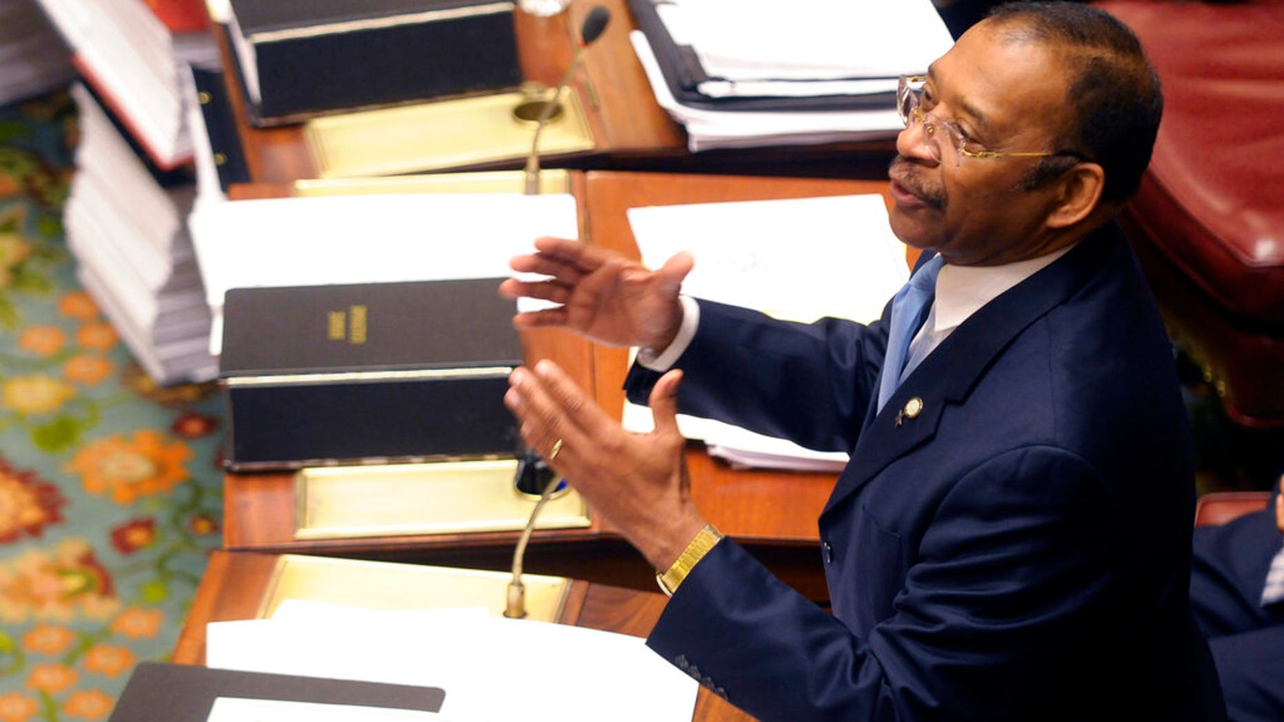 FILE: Sen. Ruben Diaz, Sr. , D-Soundview, speaks during a session of the New York state Senate at the Capitol in Albany, N.Y.