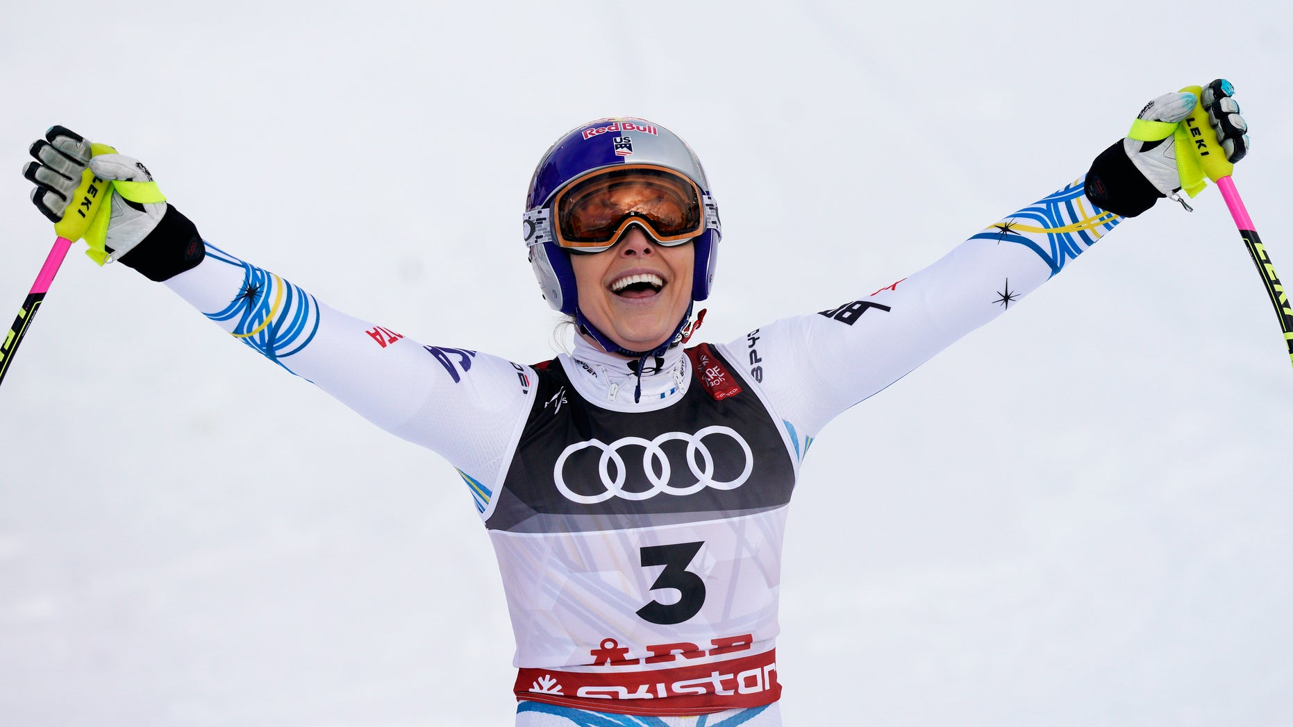 United States' Lindsey Vonn smiles in the finish area after the women's downhill race, at the alpine ski World Championships in Are, Sweden, Sunday, Feb. 10, 2019.