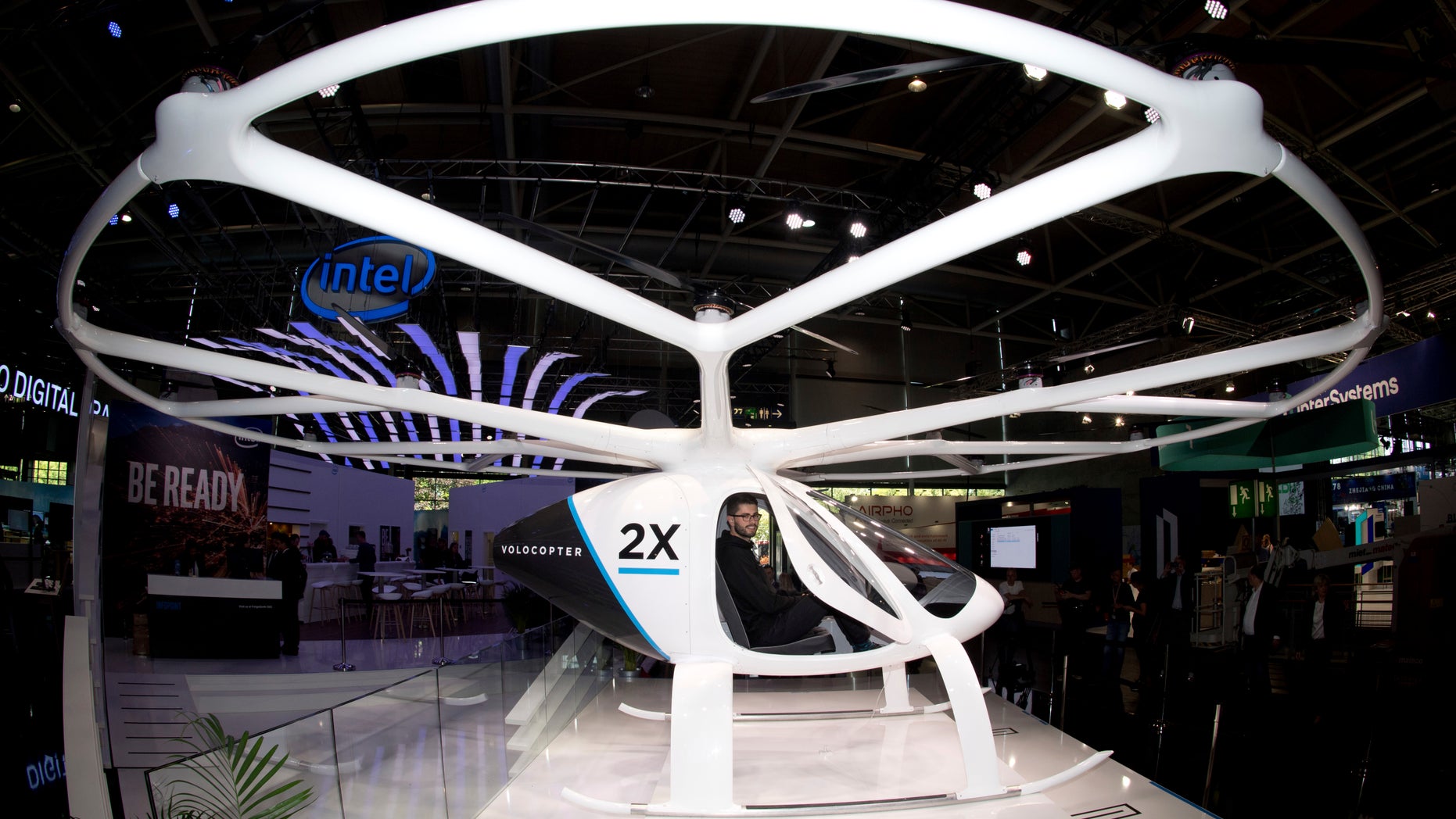 Frankfurt’s international airport is working on a concept in cooperation with the Volocopter GmbH, which developed the multi-rotor electric aircraft Volocopter 2x, seen here at an electronics fair in Germany in 2018.