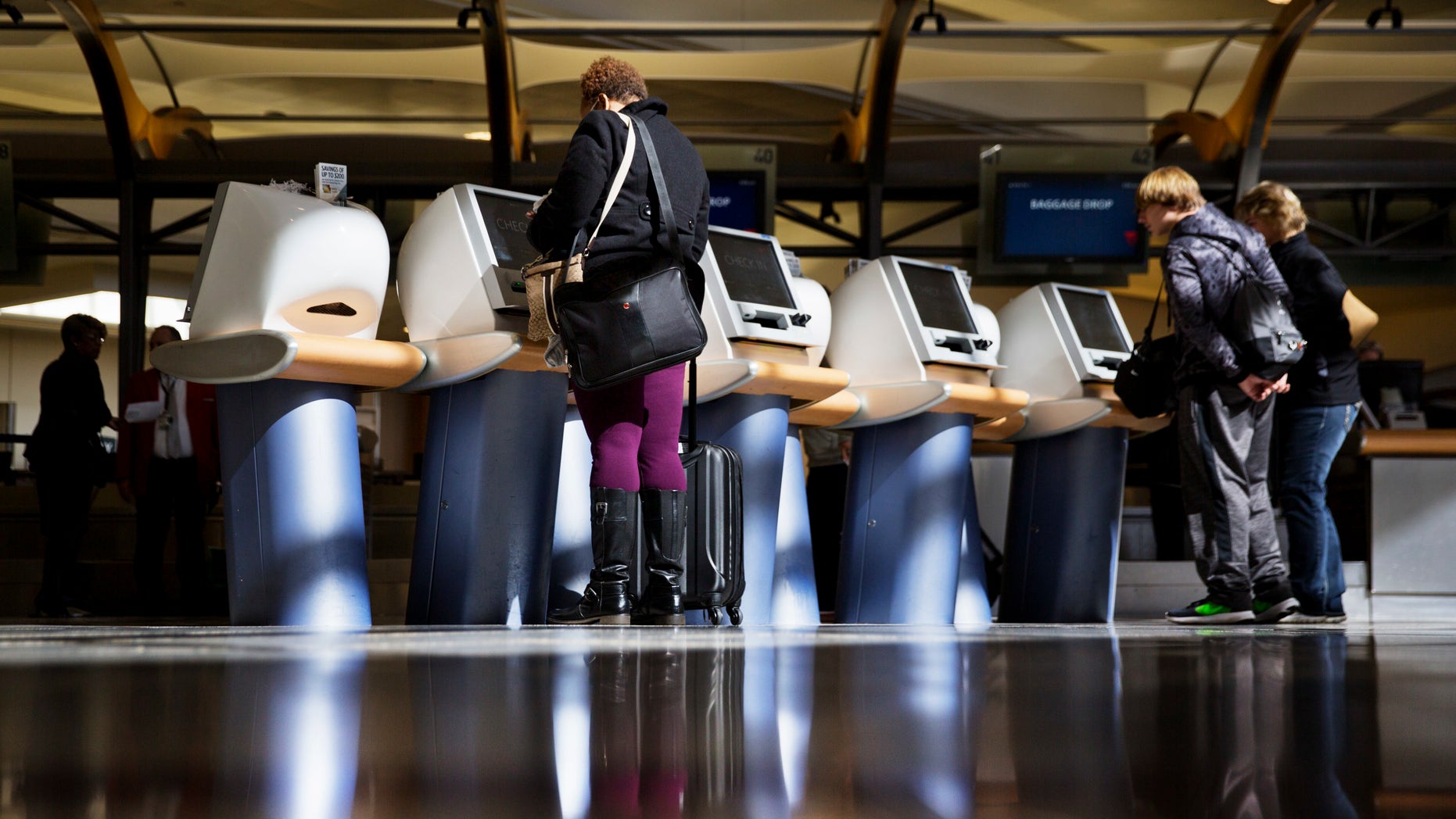 On this 2017 file photo, passengers check in for Delta Air Lines flights at airport kiosks. The major US airlines are saying that they will soon modify their ticketing process to give passengers the opportunity to identify themselves as men or women.