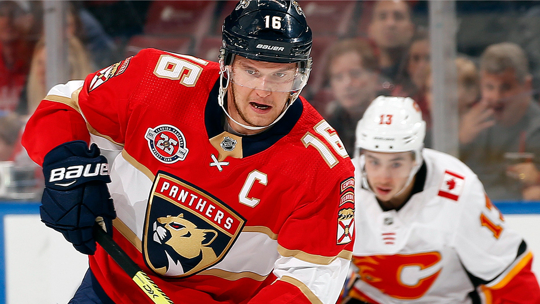 FEBRUARY 14: Aleksander Barkov of the Florida Panthers skates with the puck against the Calgary Flames. (GETTY)
