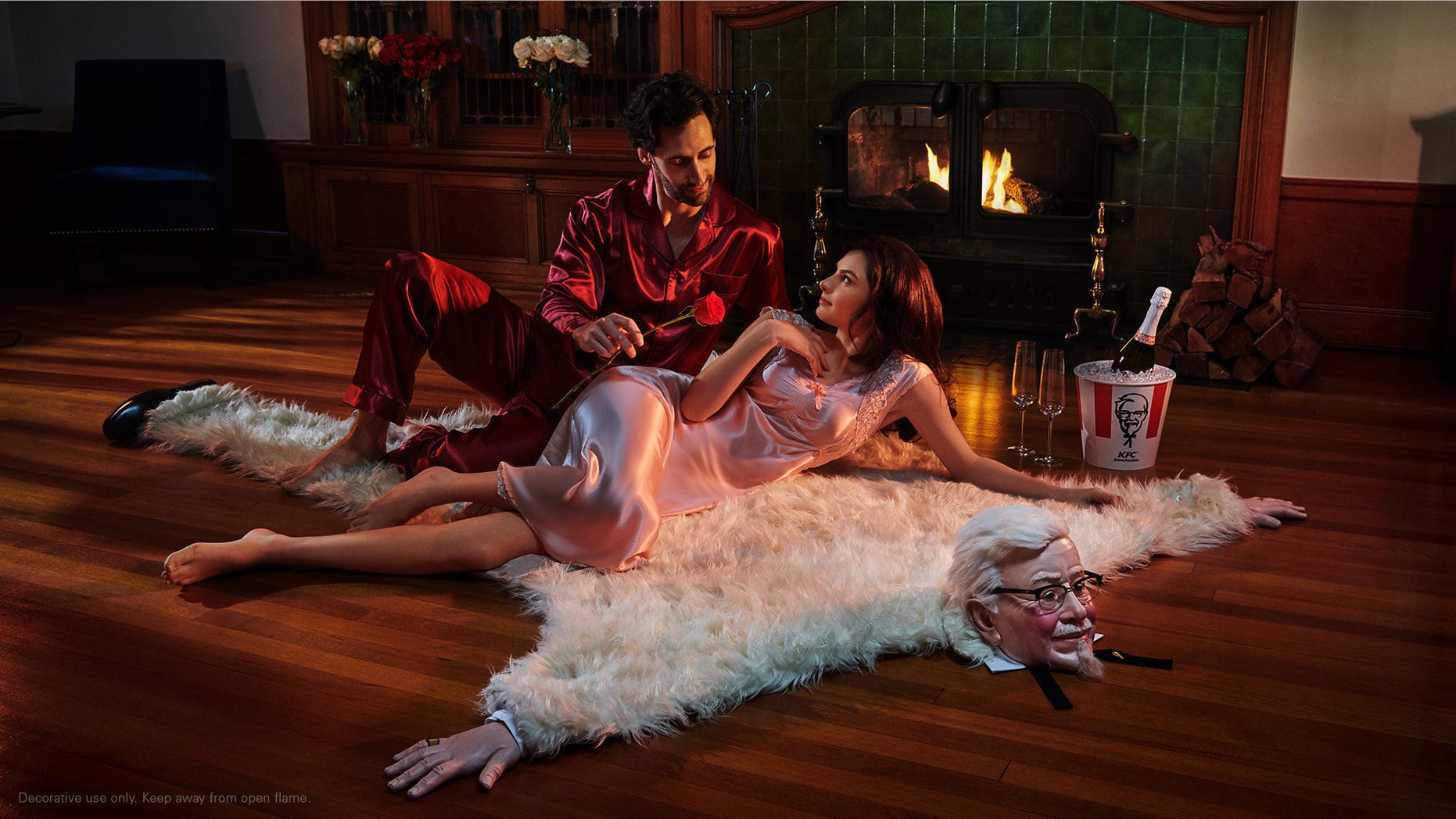 It's faux bearskin (and faux Colonel), according to KFC.