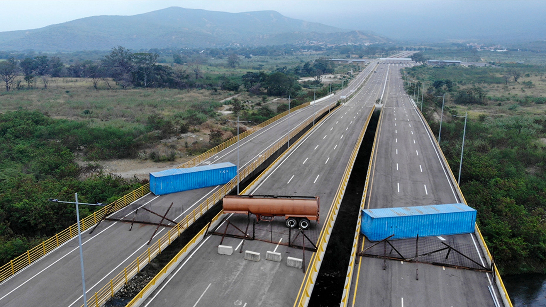 Aerial view of the Tienditas Bridge, in the border between Cucuta, Colombia and Tachira, Venezuela, after Venezuelan military forces blocked it with containers on February 6.