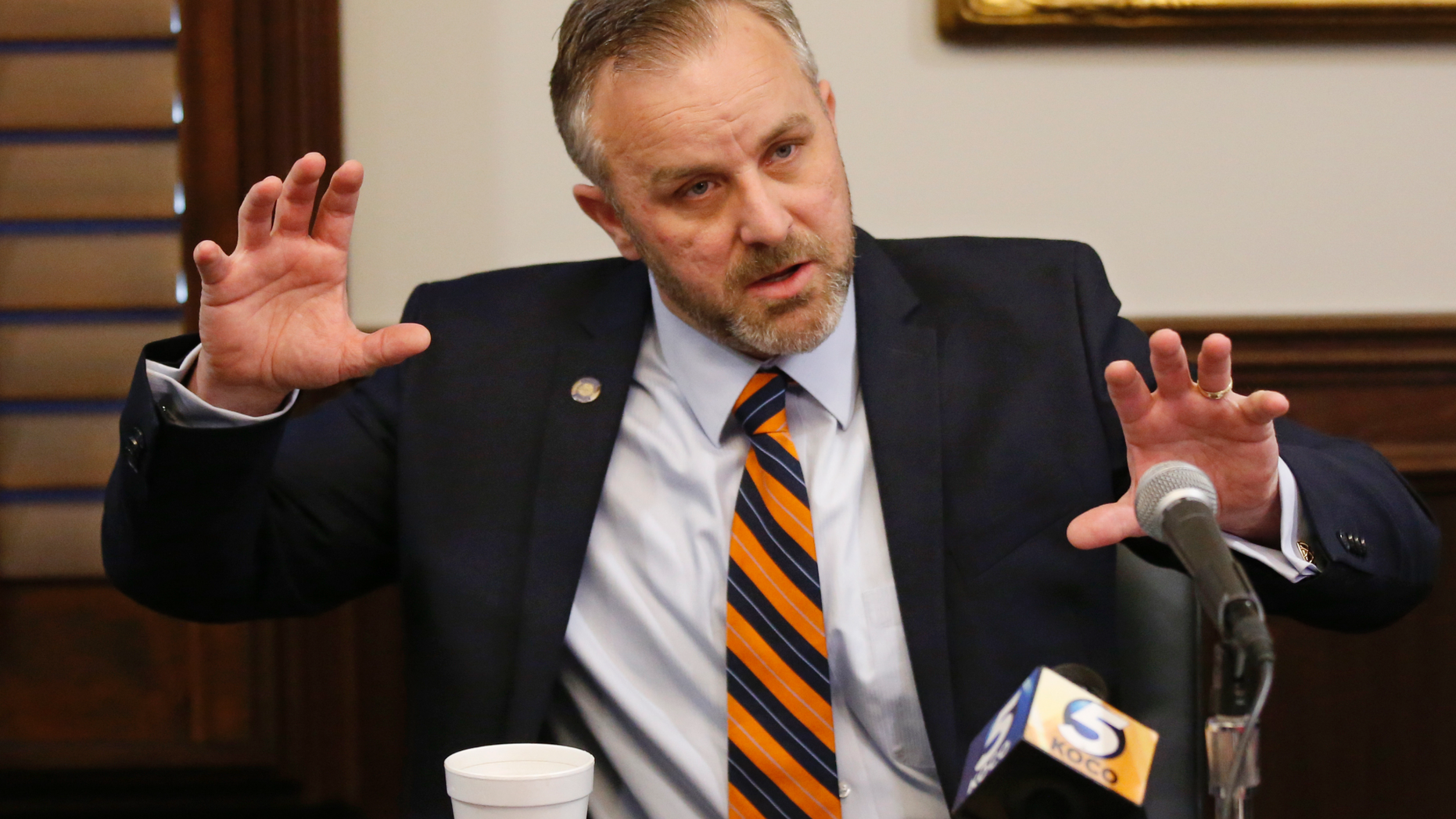 Senator Greg Treat, Senator from the state of Oklahoma, R-Oklahoma City, President Pro Tempore, answered a question at a press conference on Monday, February 25, 2019 in Oklahoma City. Treat is the sponsor of a bill in which Oklahoma would automatically prohibit abortion if the US Supreme Court quashed its landmark decision of 1973 that legalized abortion at the University of New York. 39, nationally. (AP Photo / Sue Ogrocki)