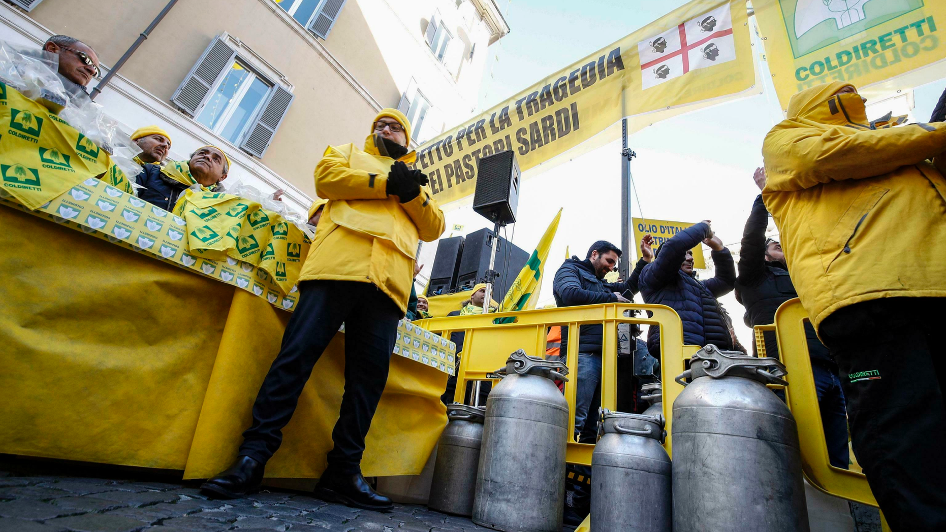 Sardinians dairy farmers protest low milk prices in downtown Rome, Italy, Tuesday, Feb. 12, 2019. (Giuseppe Lami/ANSA via AP)