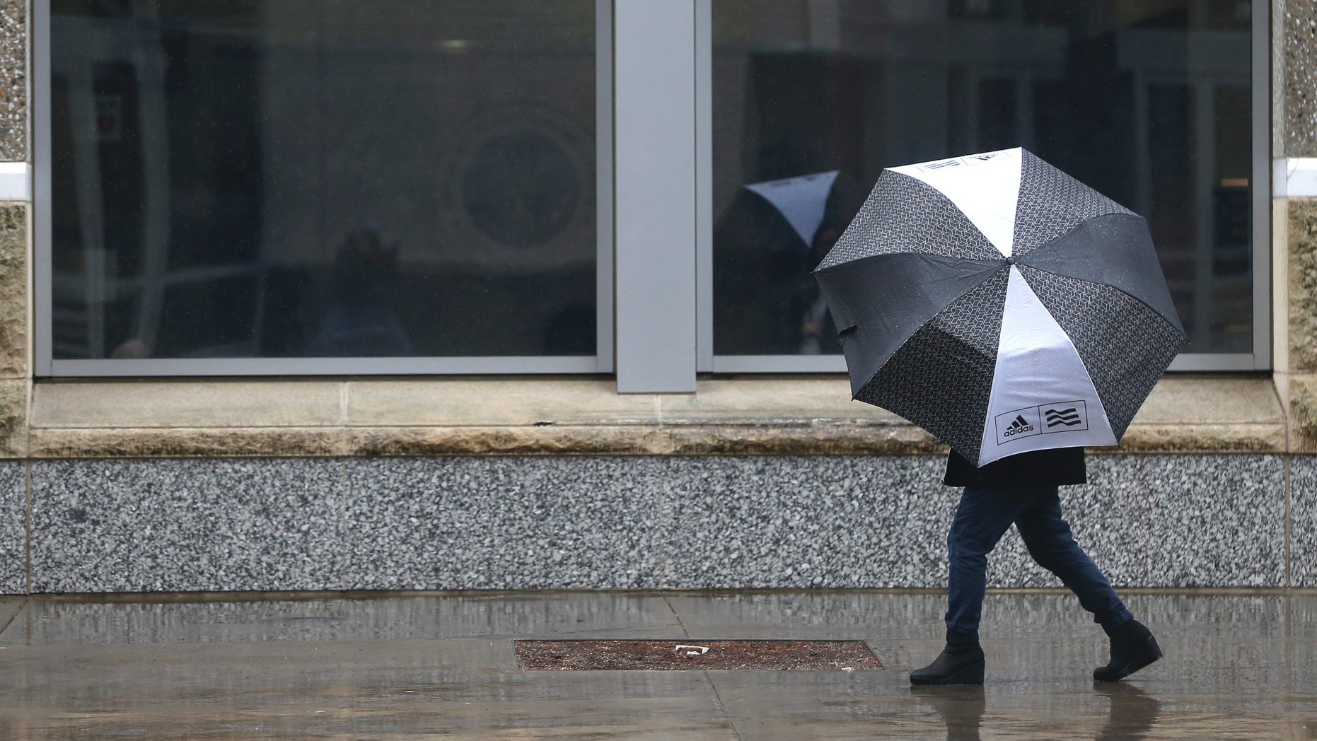A person huddles under an umbrella as rain falls in Sacramento, California on Tuesday, February 26, 2019. (AP Photo / Rich Pedroncelli)