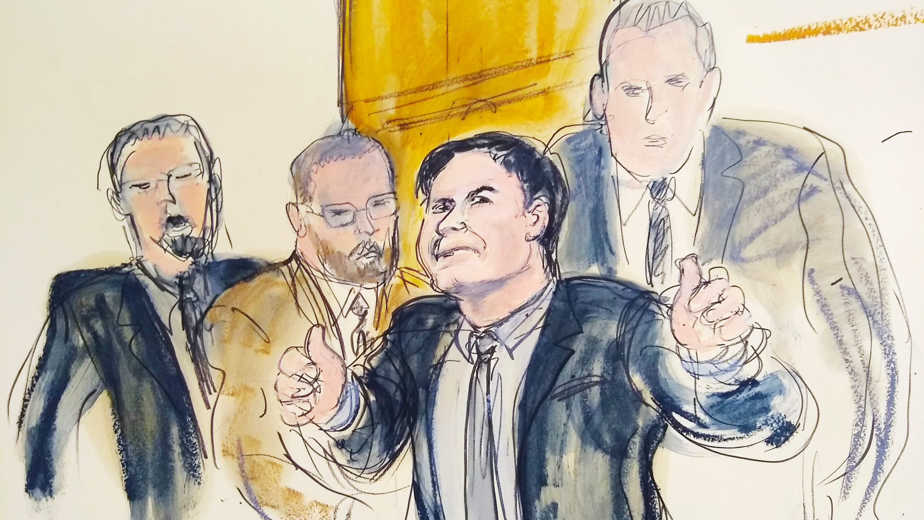 In this courtroom drawing, Joaquin "El Chapo" Guzman, second from right, accompanied by US Marshalls, gestures a "thumbs up" to his wife, Emma Coronel Aispuro, as he leaves the courtroom, Tuesday, Feb. 12, 2019, in New York. The notorious Mexican drug lord was convicted of drug-trafficking charges, Tuesday, Feb. 12 2019, in federal court in New York. Elizabeth Williams via AP)