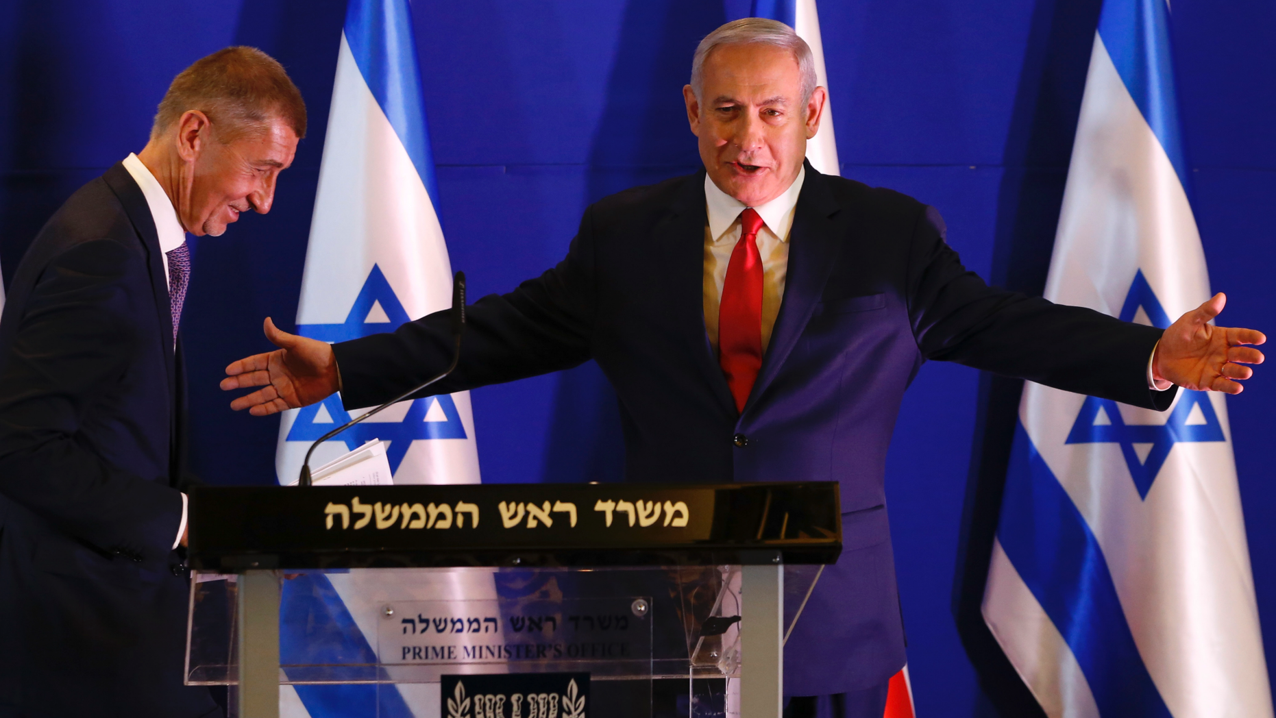 Czech Republic's Prime Minister Andrej Babis, left, Israeli Prime Minister Benjamin Netanyahu attend a press conference after their meeting in Jerusalem, Tuesday, Feb. 19, 2019. (AP Photo/Ariel Schalit, Pool)