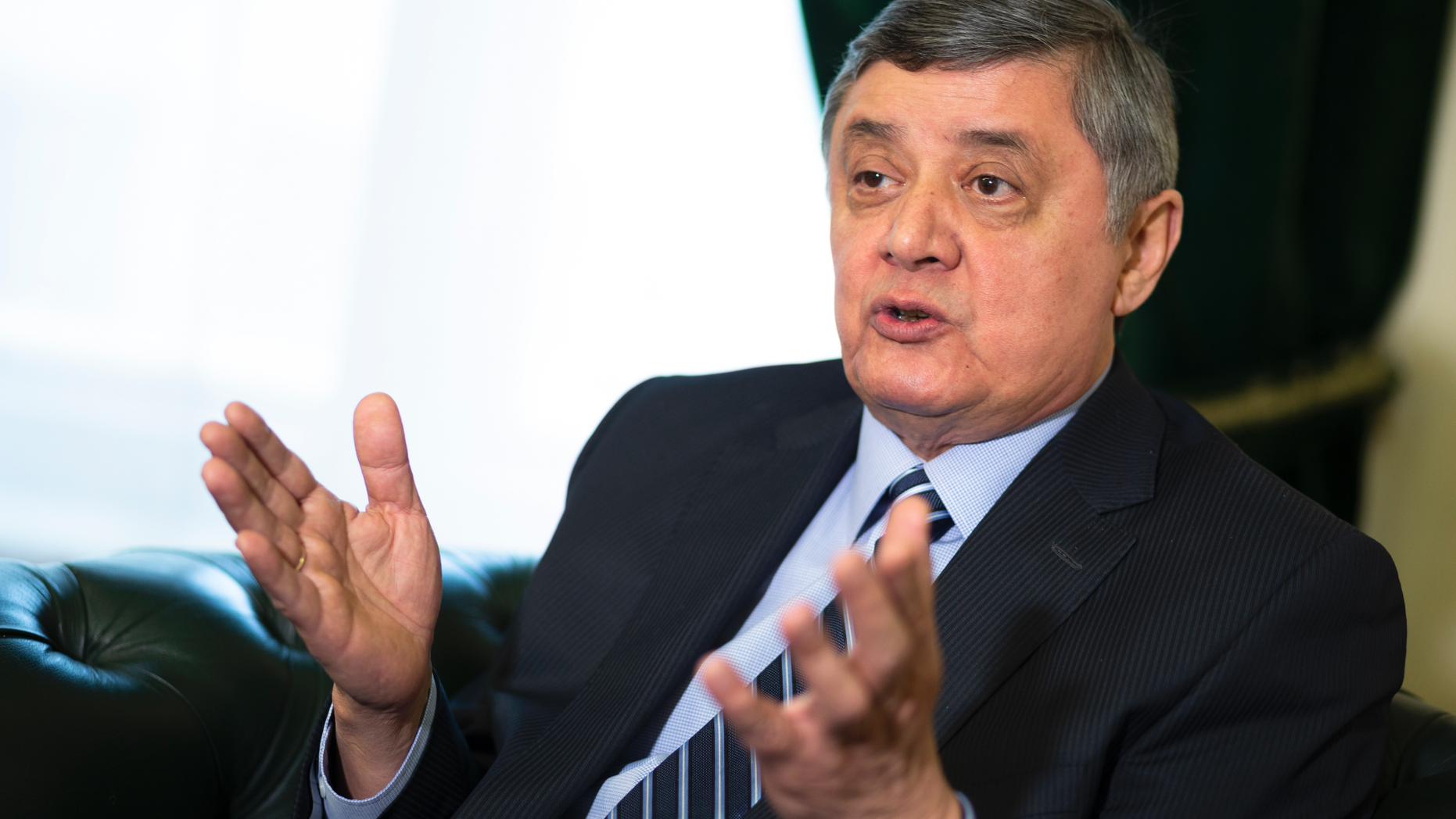 Russian presidential envoy to Afghanistan Zamir Kabulov gestures while speaking during an interview to the Associated Press in Moscow, Russia, Wednesday, Feb. 13, 2019. Kabulov said the U.S. has failed in Afghanistan and that helped open the way for Moscow to expand its clout as a mediator between Afghan factions. (AP Photo/Alexander Zemlianichenko)