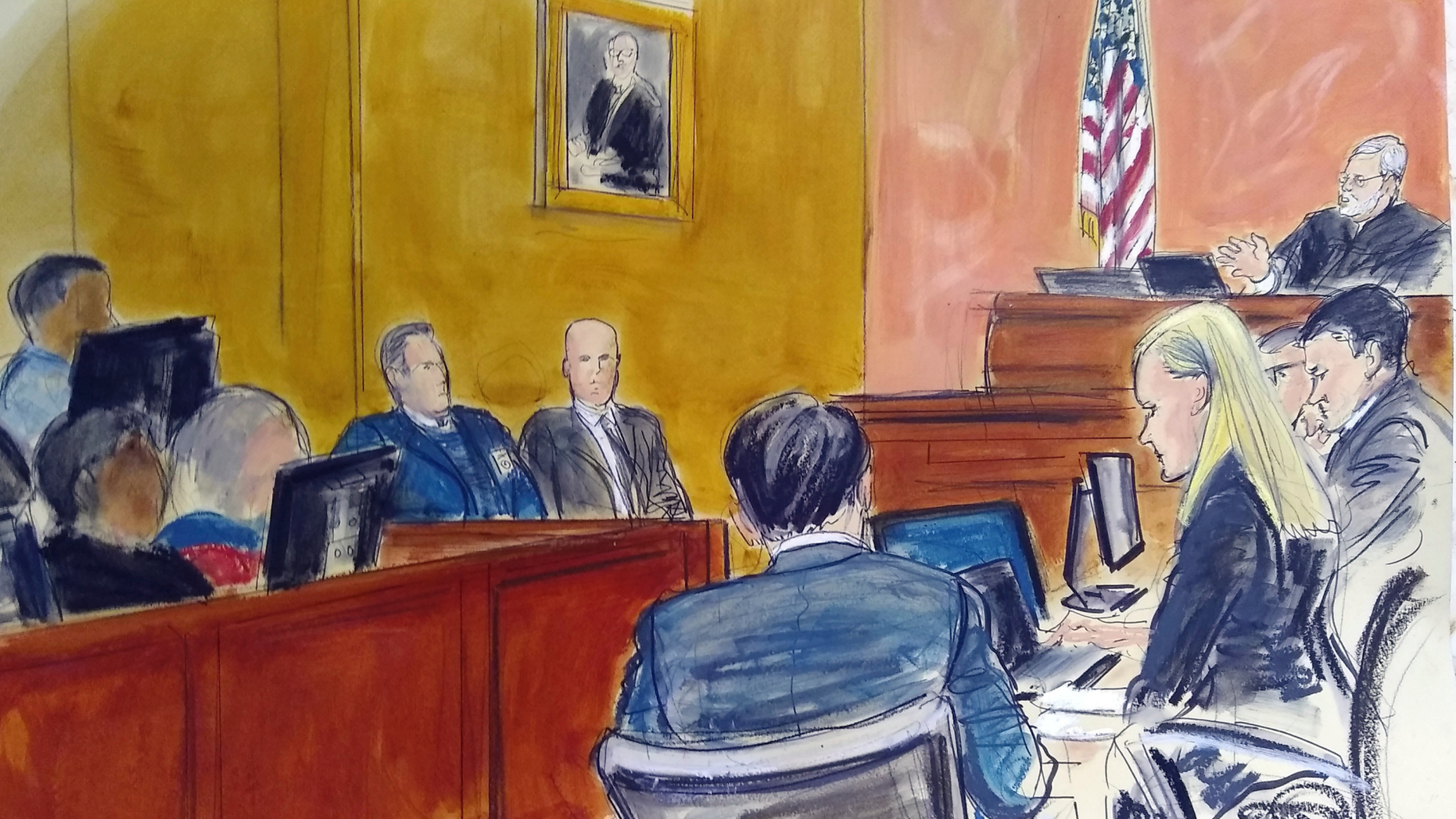 FILE - In this Monday Feb. 4, 2019 courtroom sketch, Judge Brian Cogan upper right, gives instructions to jurors in the trial of Joaquin "El Chapo" Guzman in New York. On Wednesday, Feb. 20, 2019, El Chapo’s lawyers raised concerns of potential juror misconduct and said they were reviewing “all available options” after a juror at the notorious Mexican drug lord’s trial told a news website that several jurors looked at media coverage of the case against a judge’s orders. (Elizabeth Williams via AP)