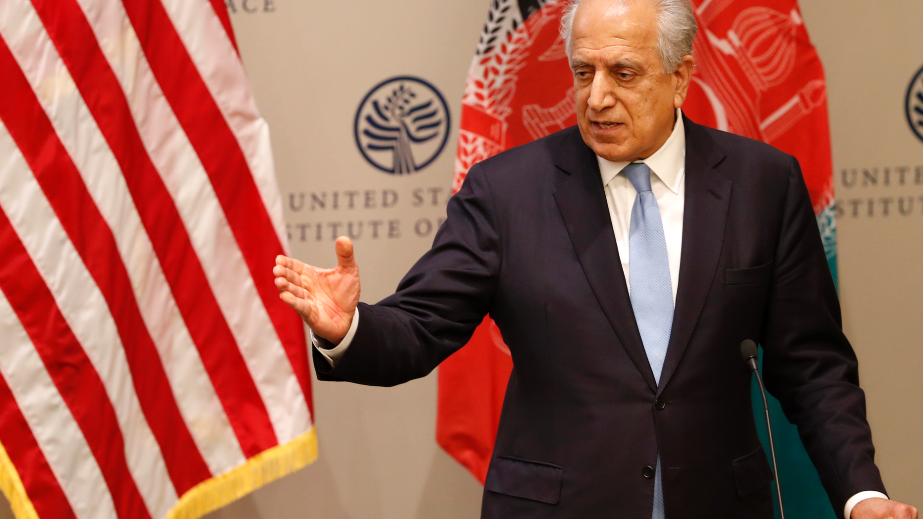 Special Representative for Afghanistan Reconciliation Zalmay Khalilzad speaks on the prospects for peace, Friday, Feb. 8, 2019, at the U.S. Institute of Peace, in Washington. (AP Photo/Jacquelyn Martin)