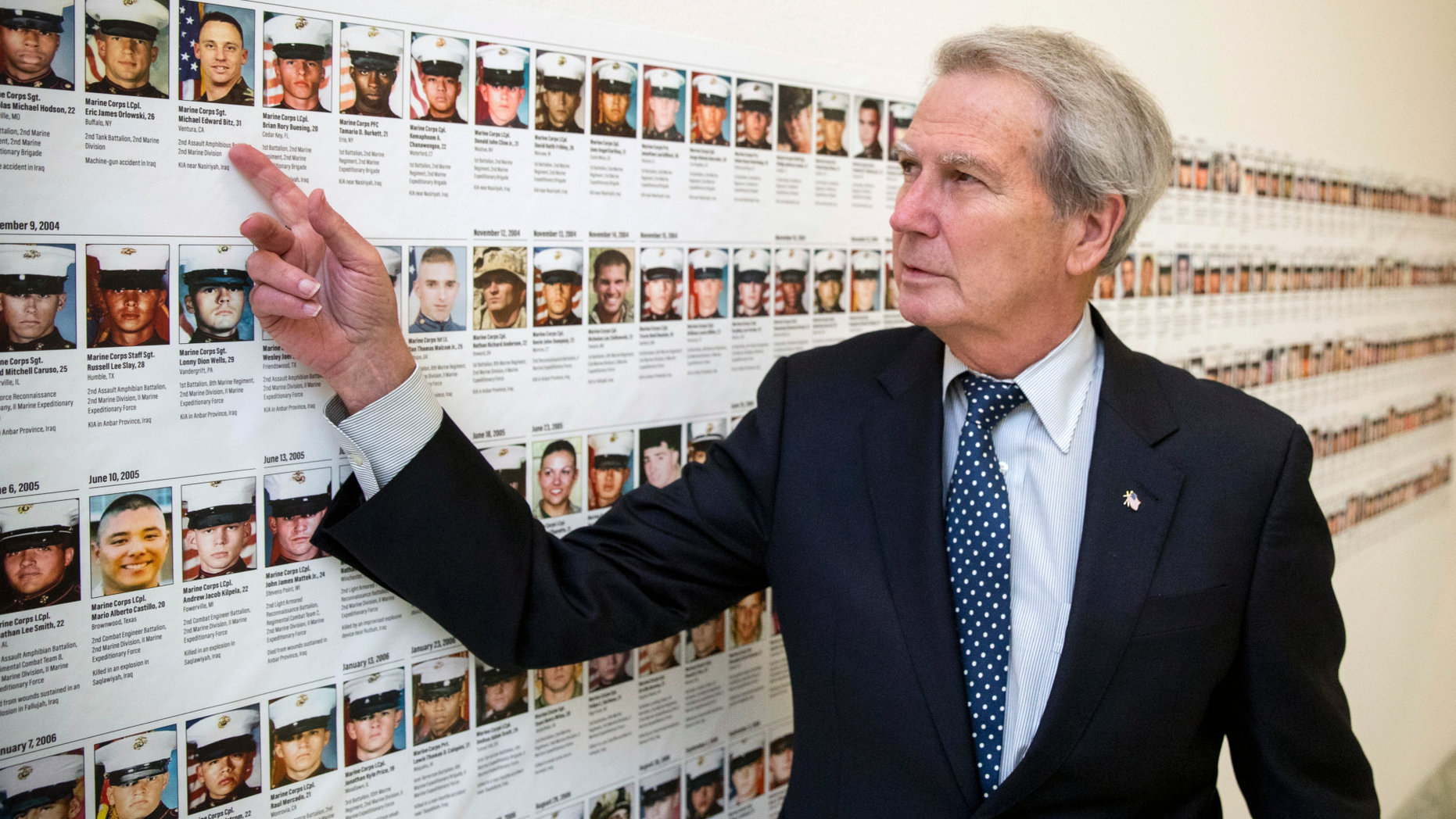 FILE - In this Oct. 25, 2017, file photo, U.S. Rep. Walter Jones, R-N.C., points at a photograph of Marine Sgt. Michael Edward Bits of Ventura, Calif., the first military funeral he and his wife attended, and one of the many pictures of soldiers killed this century based at Camp Lejeune, N.C., along a hallway leading to his office on Capitol Hill in Washington. Jones, a once-fervent supporter of the 2003 invasion of Iraq who later became an equally outspoken Republican critic of the war, died Sunday, Feb. 10, 2019, his 76th birthday. (AP Photo/Andrew Harnik, File)
