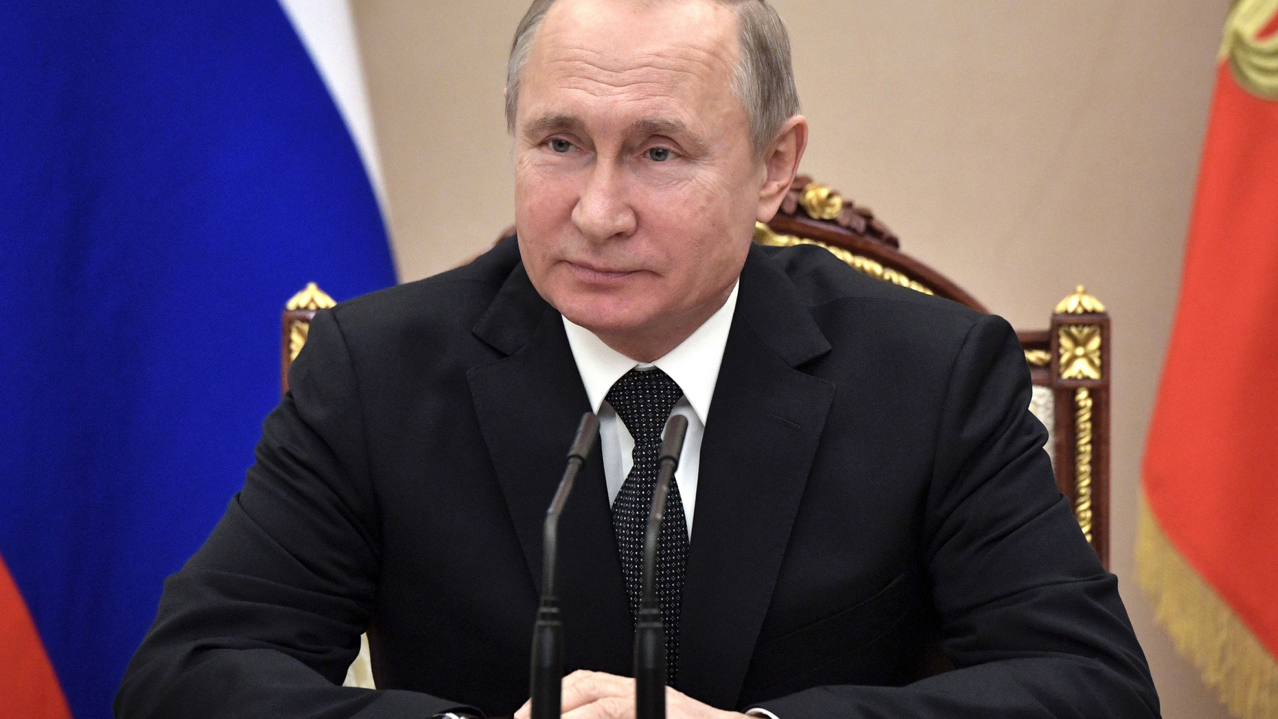 Russian President Vladimir Putin chairs a Security Council meeting in Moscow, Friday, Feb. 1, 2019. (Alexei Nikolsky, Sputnik, Kremlin Pool Photo via AP)