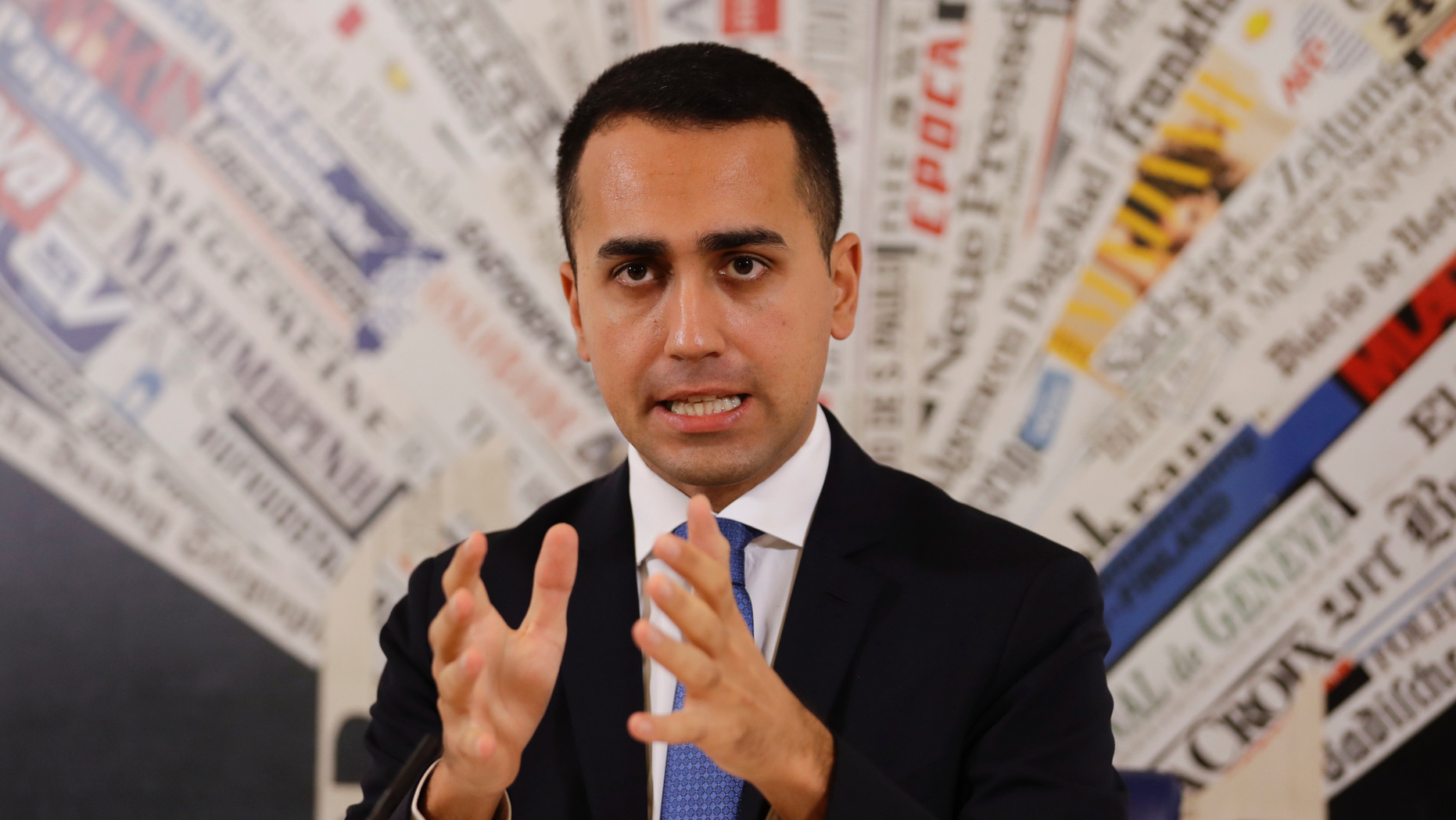 FILE - In this Nov.9, 2018 file photo, Italian deputy Premier and Labor Minister Luigi Di Maio talks to reporters during a press conference at the Foreign Press Association headquarters, in Rome. France is recalling its ambassador to Italy amid mounting tensions, after Di Maio met with French yellow vest protesters and offered to support their anti-government movement. (AP Photo/Andrew Medichini, File)