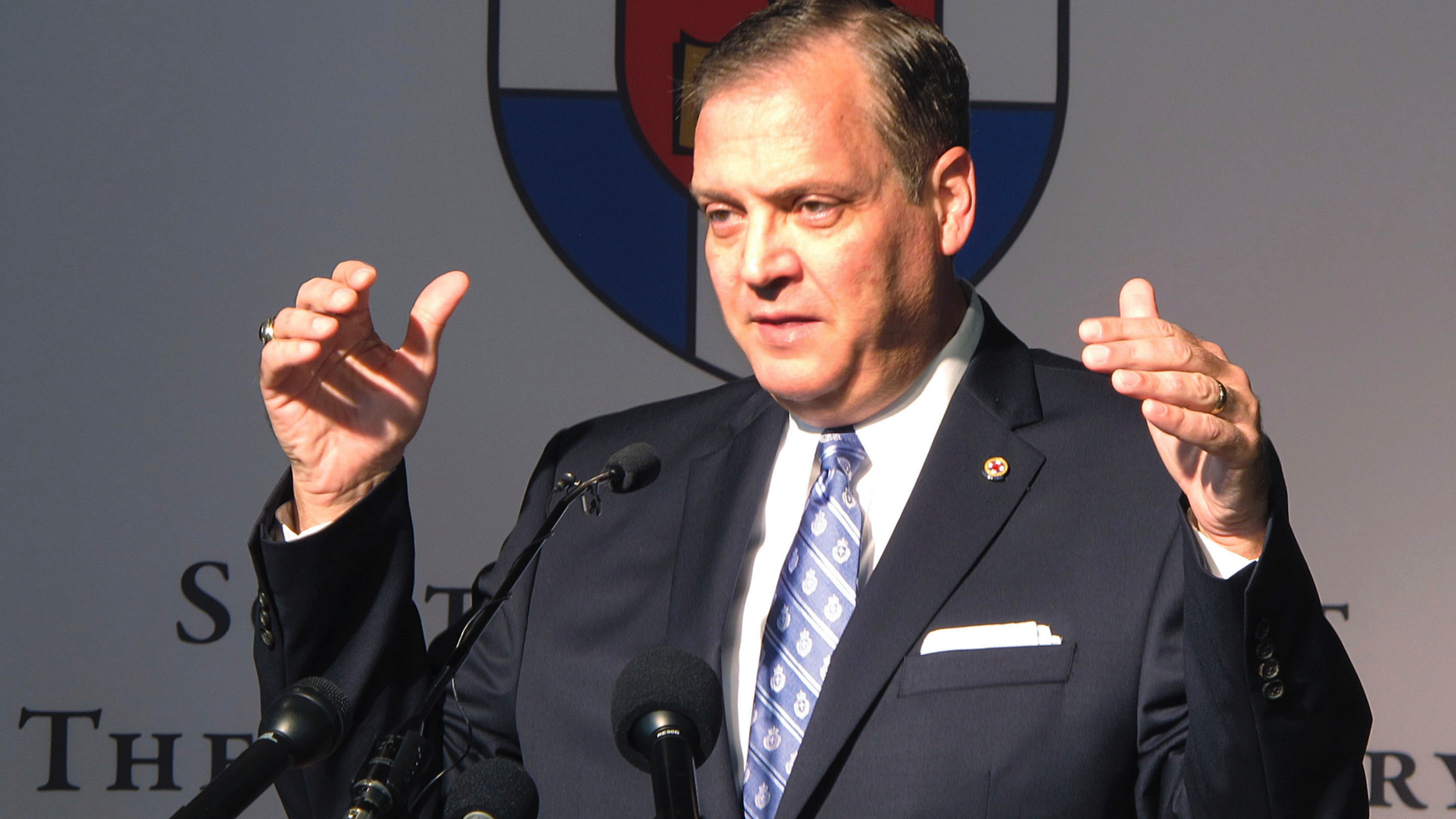 FILE - In this Monday, Oct. 5, 2015 file photo, The Rev. R. Albert Mohler Jr., president of Southern Baptist Theological Seminary, speaks to reporters about a conference in Louisville, Ky., focusing on homosexuality and how to offer pastoral care to gays. Mohler, a prominent leader in the Southern Baptist Convention says he was wrong to support a Kentucky pastor accused of covering up sex abuse. The Rev. Albert Mohler first addressed the issue Thursday, Feb. 14, 2019 in an interview with the Houston Chronicle .(AP Photo/Bruce Schreiner, File)