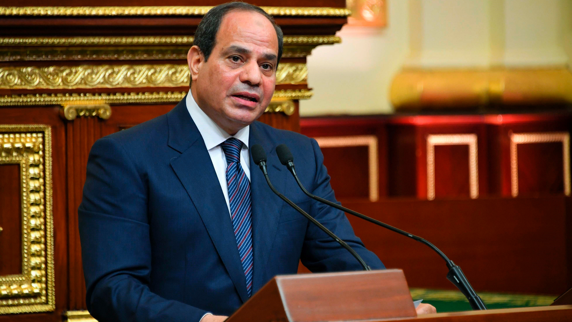 FILE - In this June 2, 2018 file photo provided by Egypt's presidency media office, Egyptian President Abdel-Fattah el-Sissi addresses the chamber after he was sworn in for a second four-year term in Cairo, Egypt. On Wednesday, Feb 13, 2019, Egypt's Parliament began deliberations over constitutional amendments that could allow el-Sissi to stay in office till 2034 — 12 more years after his current, second term expires in 2022. (Egyptian Presidency Media office via AP, File)