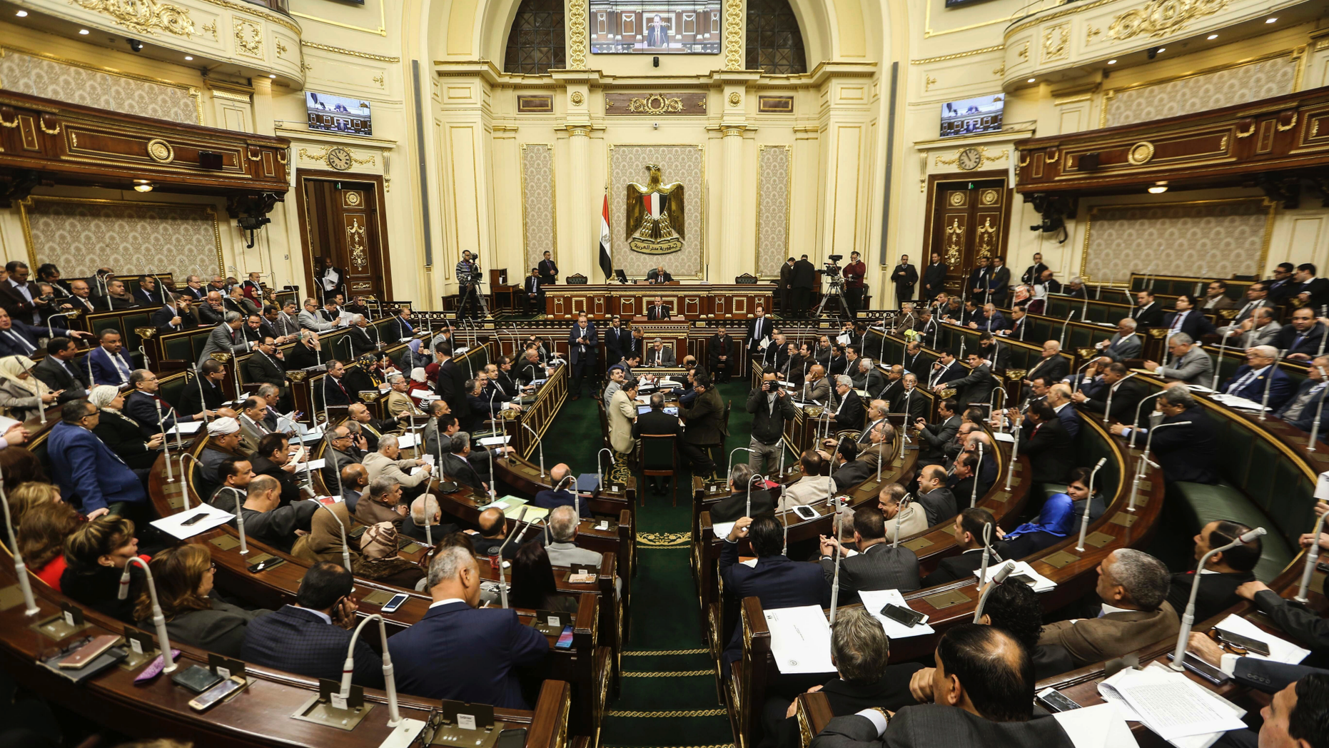 Egypt's Parliament meets to deliberate over constitutional amendments that could allow President Abdel-Fattah el-Sissi to stay in office till 2034, in Cairo Egypt, Wednesday, Feb 13, 2019. Wednesday's session will lead to a vote later in the evening or on Thursday, after which the text of the amendments would be finalized by a special committee for a final decision within two months. El-Sissi's current second term expires in 2022. (AP Photo)