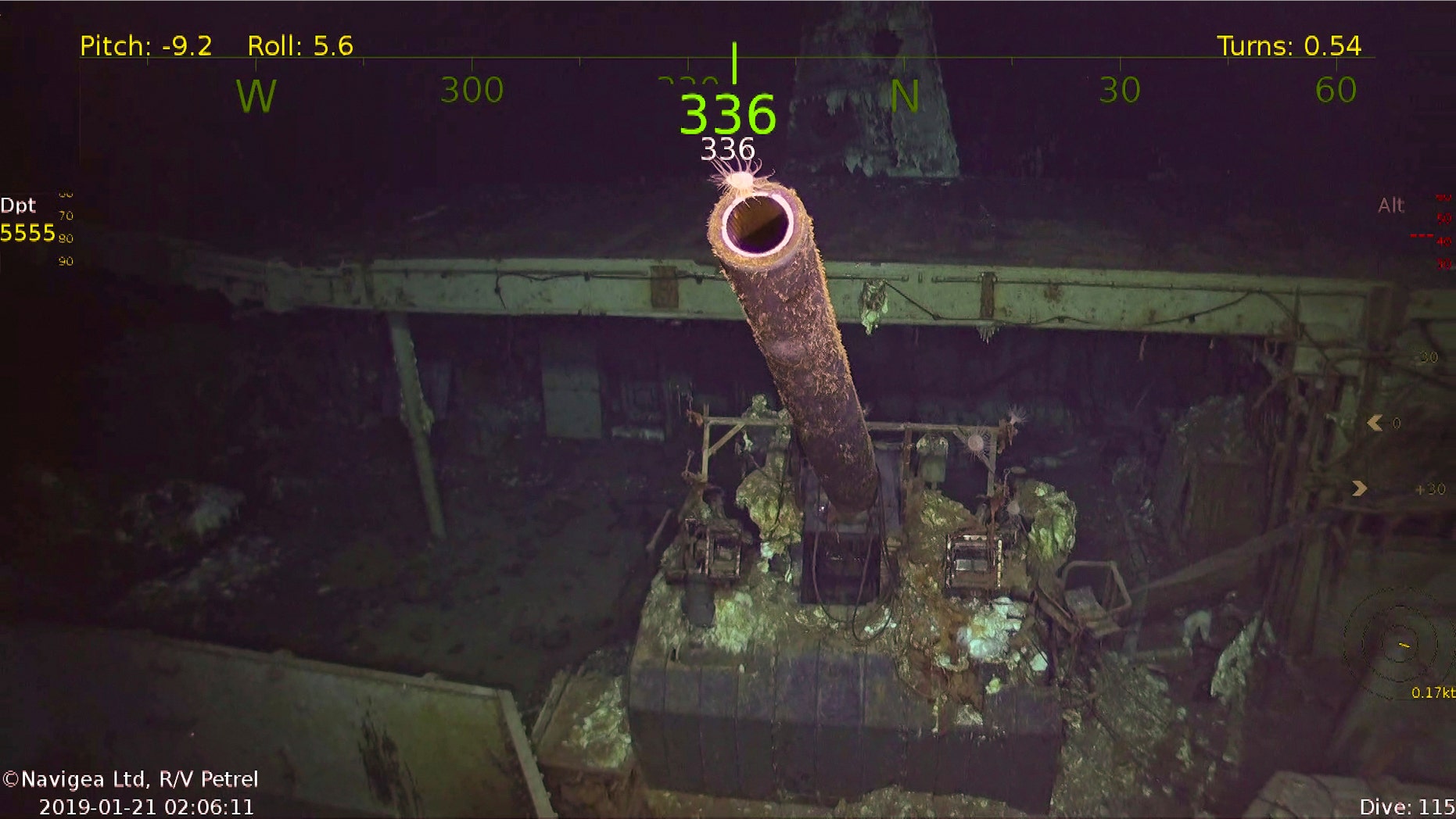 This photo provided by Paul G. Allen’s Vulcan Inc. shows a five inch gun at the wreckage of the USS Hornet. A research vessel funded by the late Seattle billionaire Paul Allen has discovered the wreckage of the aircraft carrier sunk in the South Pacific during World War II. Allen's Vulcan Inc. announced this week of Feb. 10, 2019, that an autonomous submarine sent by the crew of the research vessel Petrel found the USS Hornet nearly 17,500 feet (5,400 meters) deep near the Solomon Islands. The Hornet was best known for its part in the Doolittle Raid in April 1942, the first air attack on Japan. (Paul G. Allen’s Vulcan Inc. via AP)