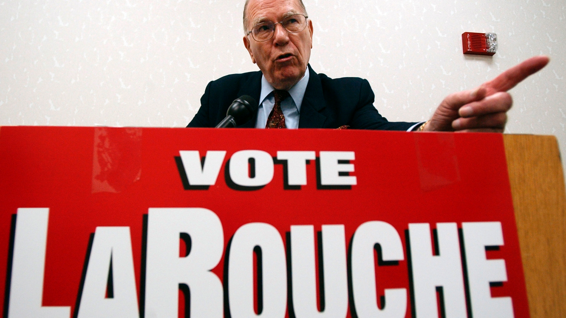 FILE - In this May 14, 2004, file photo, Democratic presidential hopeful Lyndon LaRouche Jr. campaigns in Montgomery, Ala. Fitting for a man who saw so much darkness in the world, LaRouche died on the fringes Tuesday, Feb. 12, 2019, his name little known to anyone under 50, his death rumored online a day before mainstream outlets confirmed it. His influence, however, will surely outlast him. (AP Photo/Dave Martin, File)