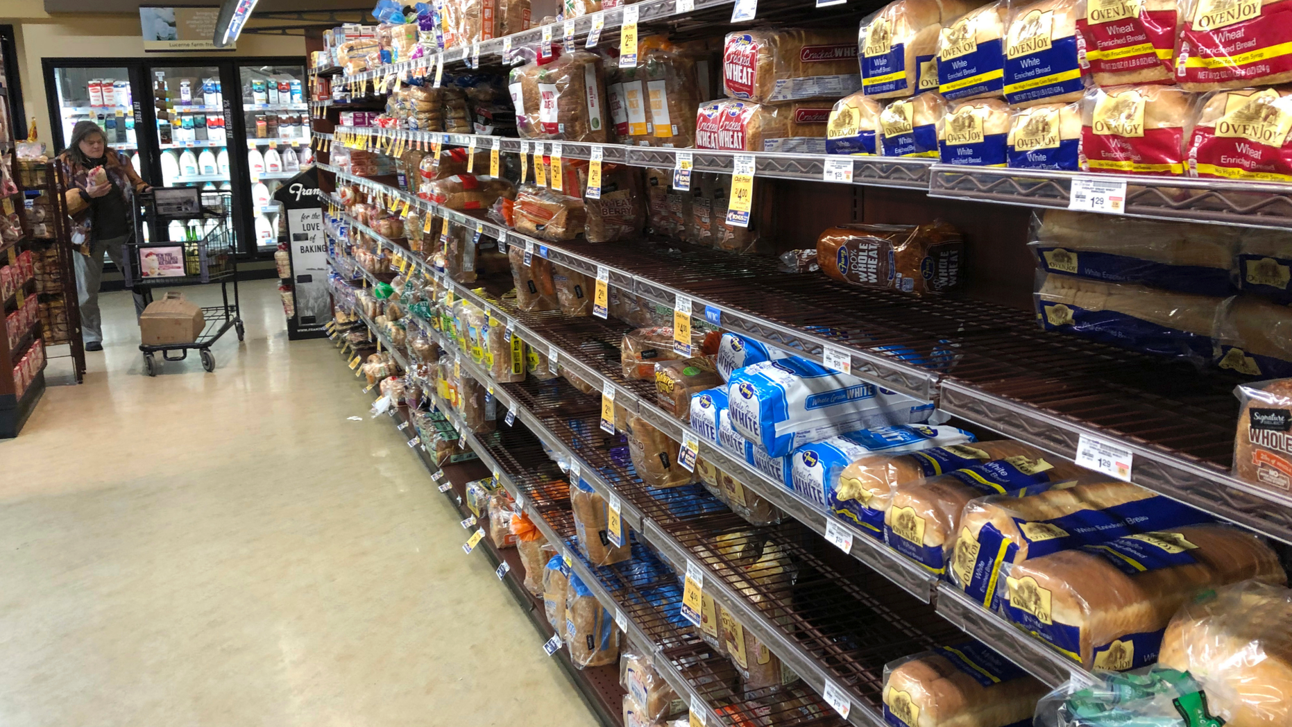 FILE- This Feb. 7, 2019, file photo shows the bread section of a Safeway store in Tacoma, Wash. On Wednesday, Feb. 13, 2019, the Labor Department reports on U.S. consumer prices for January. (AP Photo/Ted S. Warren, File)