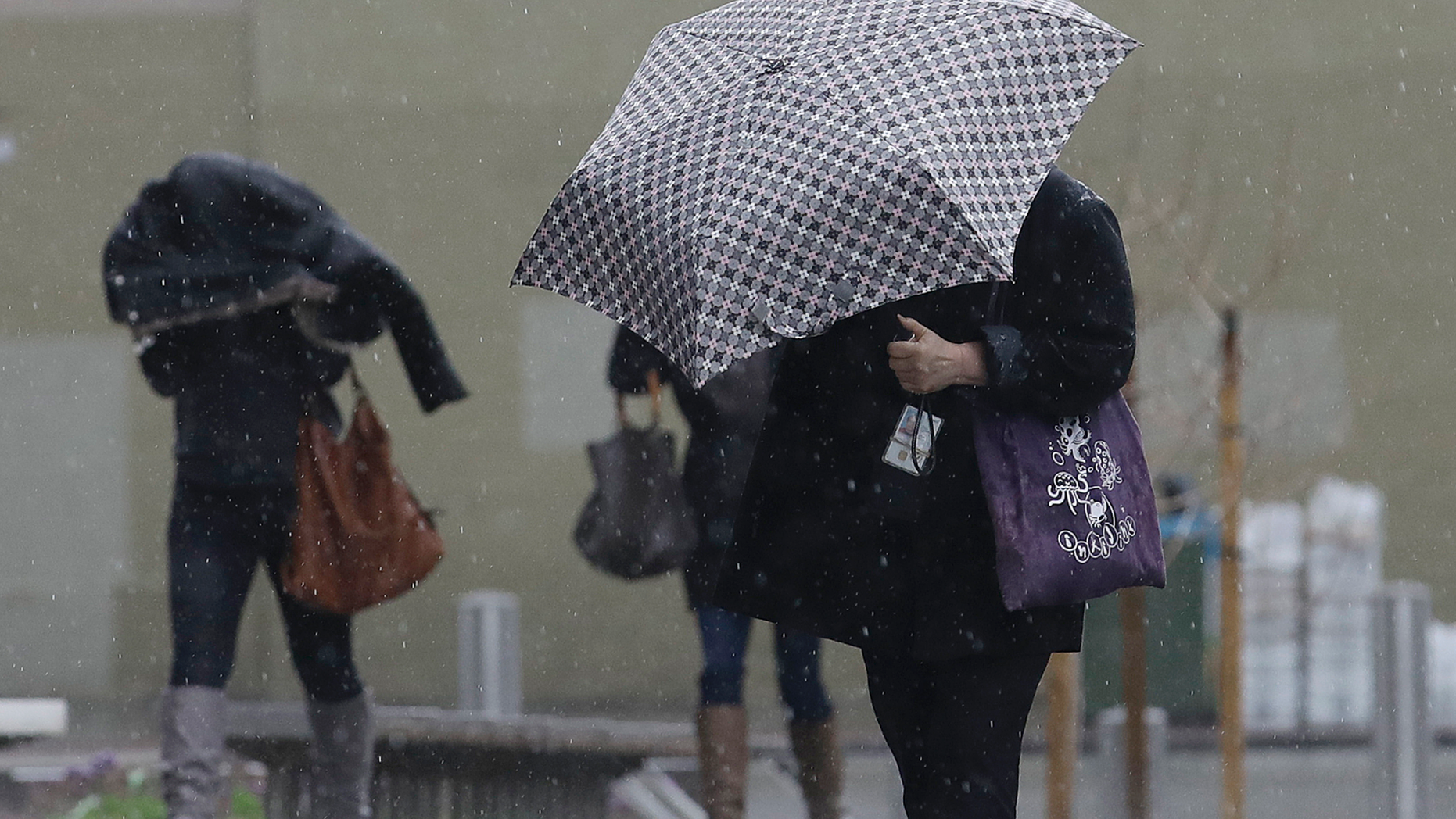 Women walk in the rain toward a federal court building in San Francisco, Monday, Feb. 25, 2019. A fierce winter storm packing winds in excess of 100 mph (160 kph) and predicted to bring as much as 8 feet (2.4 meters) of snow to the Sierra Nevada barreled into the West Coast on Monday, toppling trucks, triggering power outages and temporarily closing the major highway near Reno. (AP Photo/Jeff Chiu)