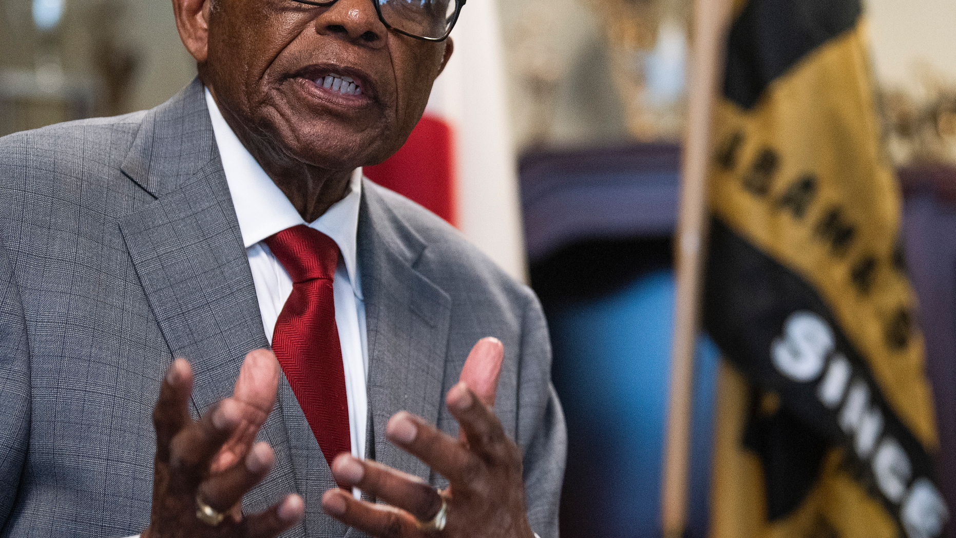 Civil Rights Attorney Fred Gray talks about representing Alabama State University students that were expelled for taking part in the 1960 lunch counter sit-in in Montgomery, during a news conference at the ASU campus in Montgomery, Ala., on Monday Feb. 25, 2019. (Mickey Welsh/Montgomery Advertiser via AP)