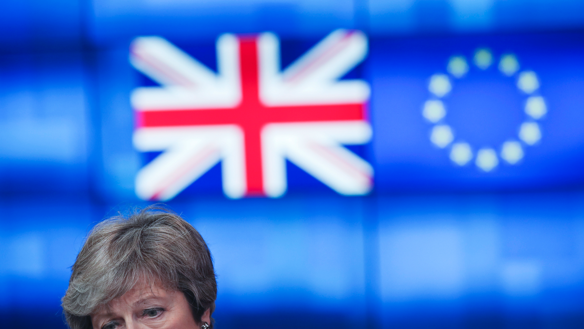 Britain's Prime Minister Theresa May talks to journalists after her meeting with European Council President Donald Tusk at the European Council headquarters in Brussels, Thursday, Feb. 7, 2019. (AP Photo/Francisco Seco)