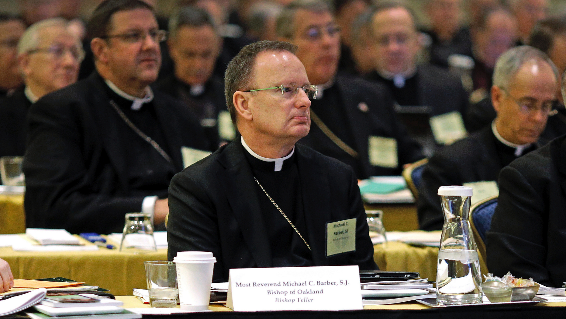 DOSSIER - In the archival photo of 12 November 2013, the Roman Catholic Diocese of Oakland, Bishop Michael Barber, Bishop at the center, listens to a presentation alongside other bishops at the meeting. 39th Autumn of the United States Conference of Catholic Bishops in Baltimore. The Catholic Diocese of Oakland, California, has published the names of 45 priests, deacons and religious brothers who, according to the authorities, are 