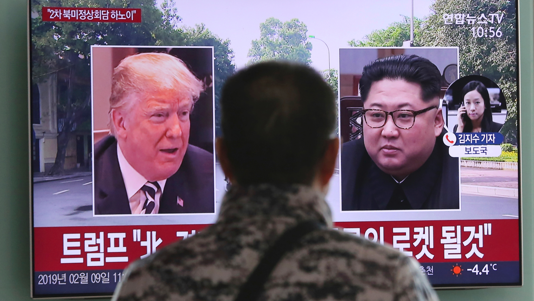 In this Feb. 9, 2019, photo, a man watches a TV screen showing images of U.S. President Donald Trump, left, and North Korean leader Kim Jong Un during a news program at the Seoul Railway Station in Seoul, South Korea. A top U.S. commander says he’s seen little to no change in North Korea’s military readiness or a slowdown in its nuclear weapons program since President Donald Trump and Kim Jong Un met for nuclear talks last year. (AP Photo/Ahn Young-joon)