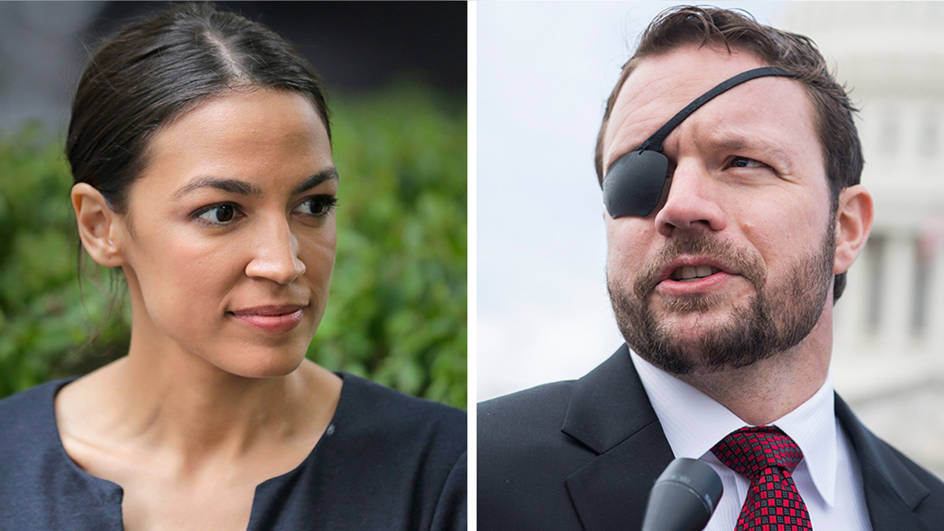 Rep. Dan Crenshaw, R-Texas, right, who lost an eye as a Navy SEAL in Afghanistan, tweeted a shot at both the New England Patriots monopoly and the progressive ideas of Rep. Alexandria Ocasio-Cortez, D-N.Y. (AP / Getty)
