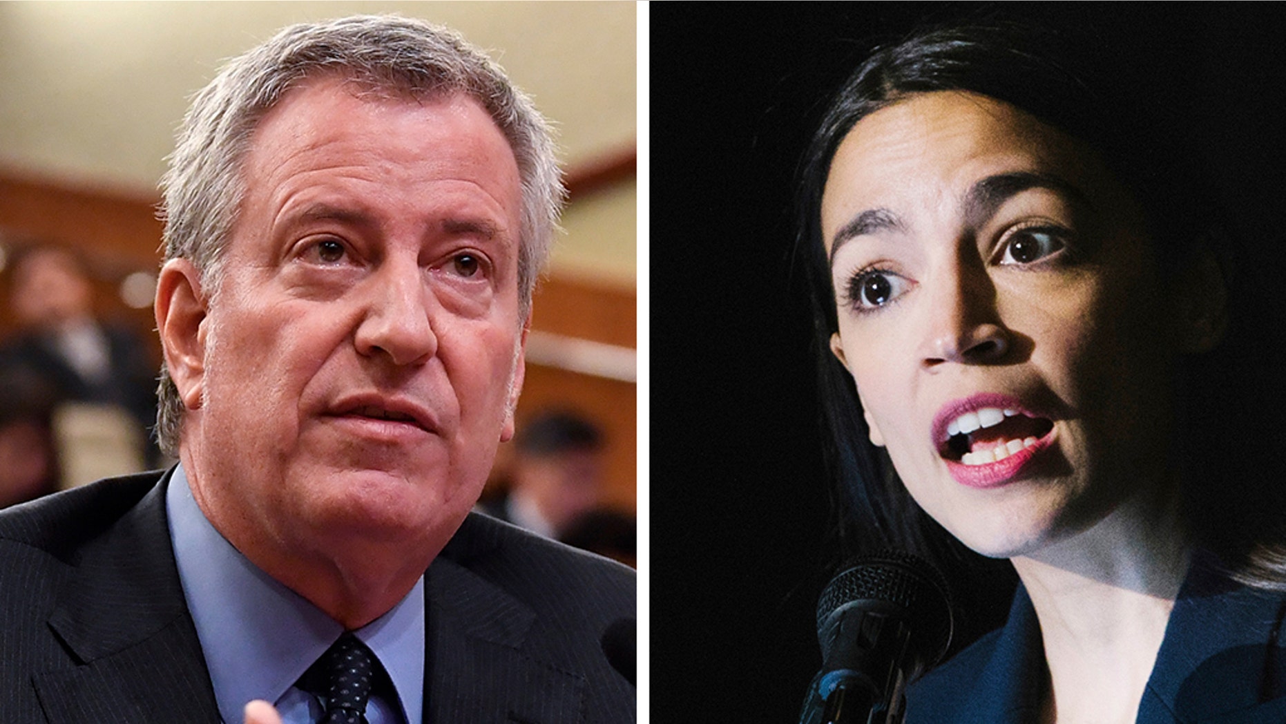 New York City Mayor Bill de Blasio, left, said Sunday that Democratic Rep. Alexandria Ocasio-Cortez, right, was wrong to have claimed the collapse of the Amazon deal would free up $3 billion to fix the city’s subways and hire more teachers. (AP)