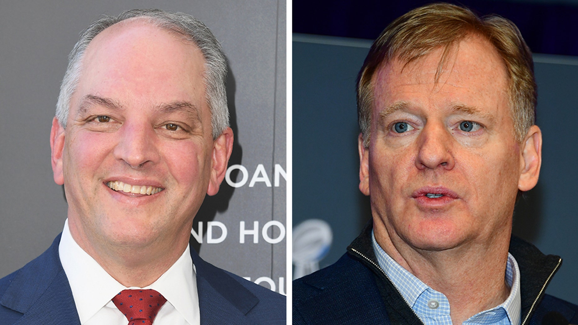 Louisiana Gov. John Bel Edwards, left, and NFL Commissioner Roger Goodell