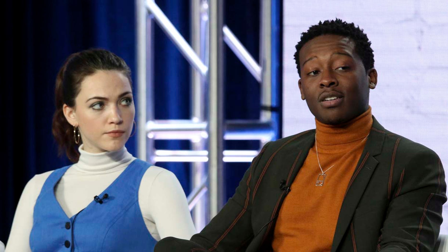 Violett Beane, left, and Brandon Micheal Hall participate in the "God Friended Me" show panel during the CBS presentation at the Television Critics Association Winter Press Tour at The Langham Huntington on Wednesday, Jan. 30, 2019, in Pasadena, Calif. (Photo by Willy Sanjuan/Invision/AP)