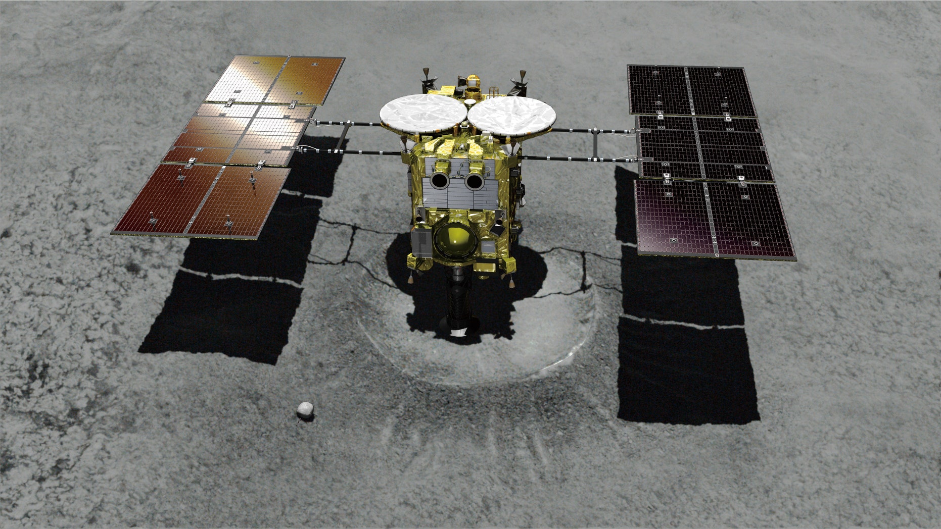 Illustration of the unmanned Japanese spacecraft Hayabusa2 approaching the asteroid Ryugu.