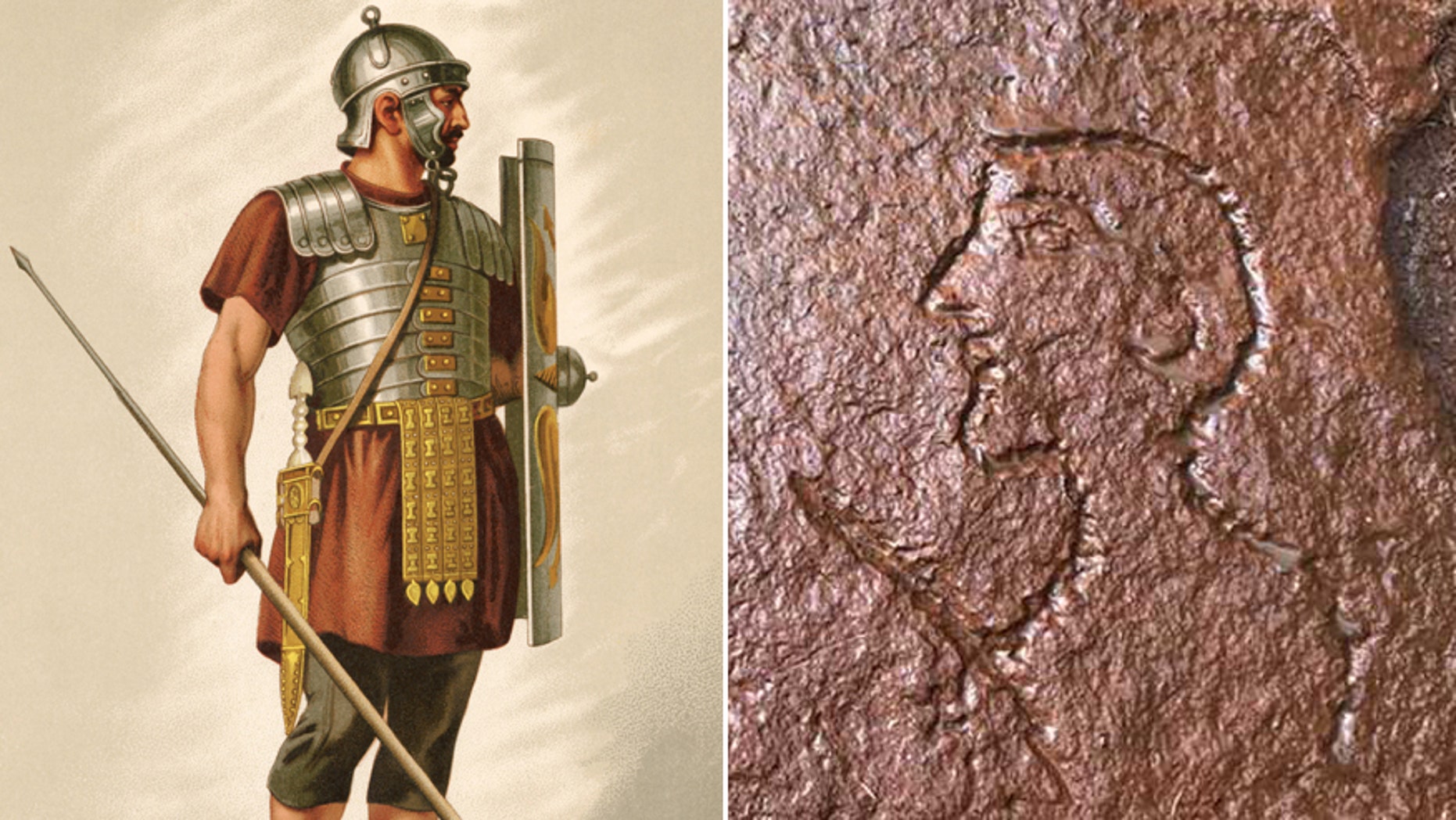An illustration shows a Roman soldier/the caricature cut into the ancient quarry.