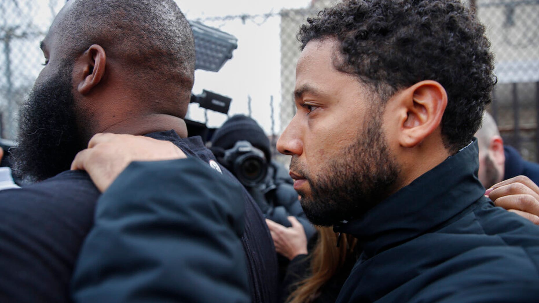 "Empire" actor Jussie Smollett leaves Cook County jail following his release, Thursday, Feb. 21, 2019, in Chicago. Smollett was charged with disorderly conduct and filling a false police report when he said he was attacked in downtown Chicago by two men who hurled racist and anti-gay slurs and looped a rope around his neck, a police official said. (AP Photo/Kamil Krzaczynski)