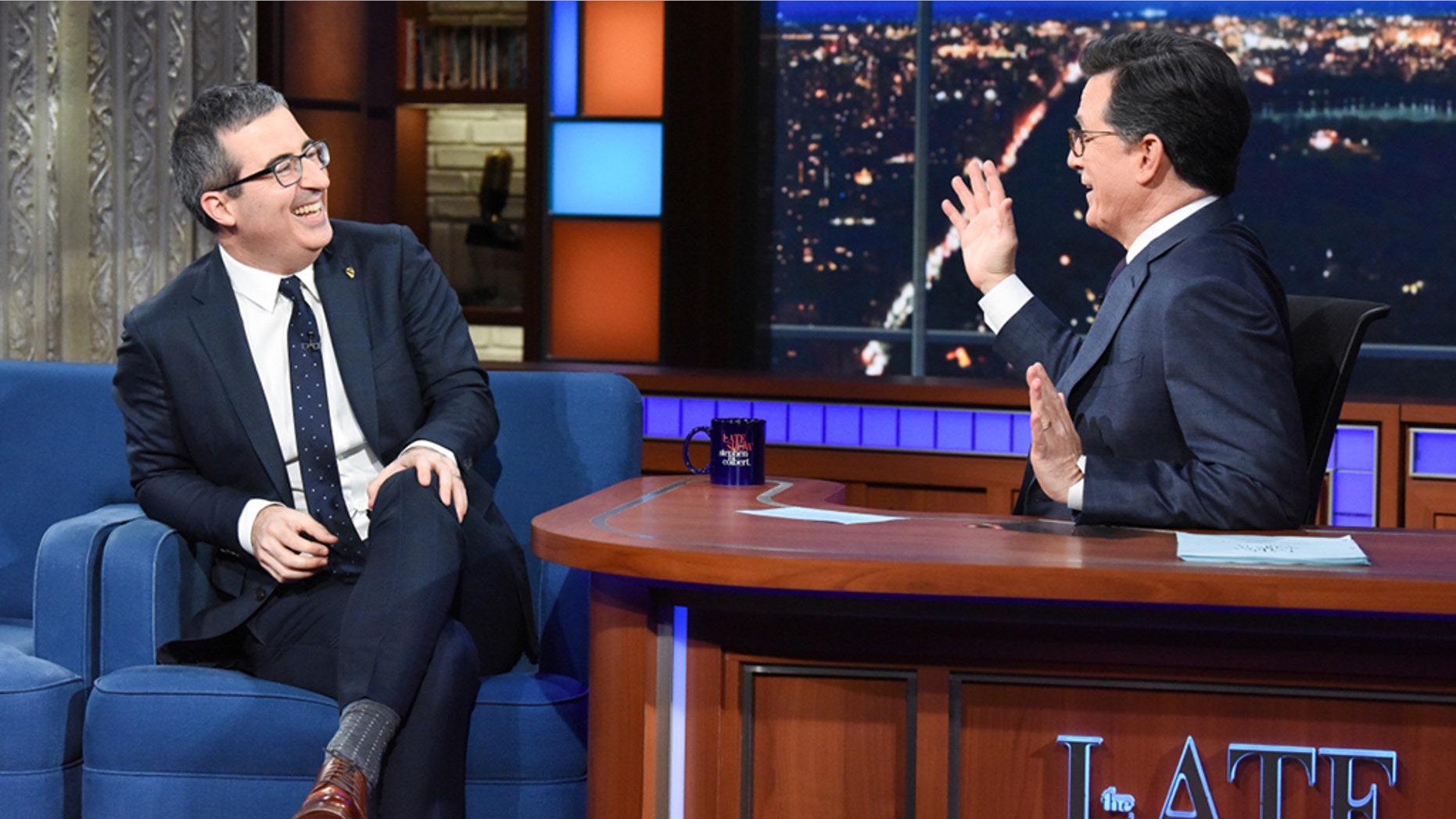 The Late Show with Stephen Colbert and guest John Oliver during Monday's February 11, 2019 show. Photo: Scott Kowalchyk/CBS