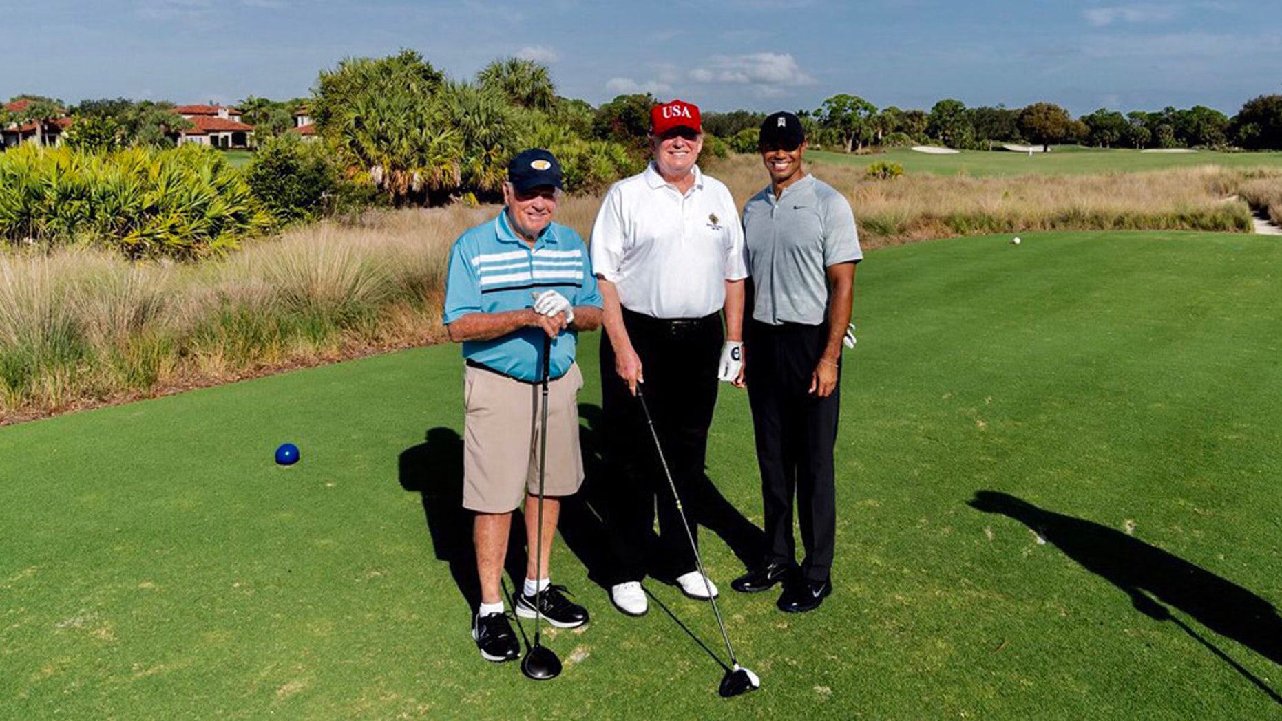 Donald Trump plays round of golf with Tiger Woods and Jack Nicklaus