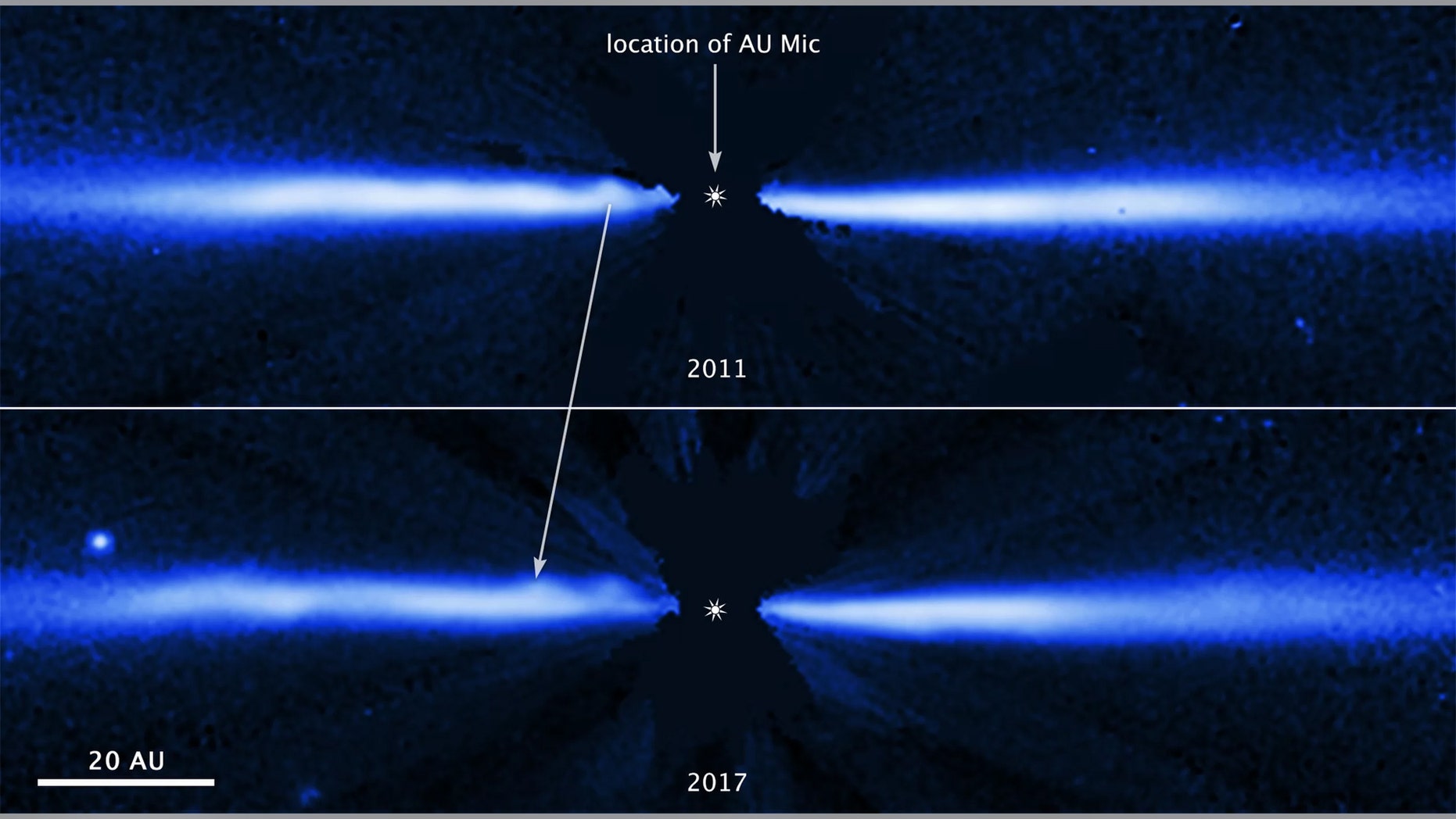 Hubble Space Telescope images of the debris disk surrounding a star called AU Microscopii show the same structure migrating outward. Credit: NASA, ESA, J. Wisniewski (University of Oklahoma), C. Grady (Eureka Scientific) and G. Schneider (Steward Observatory)