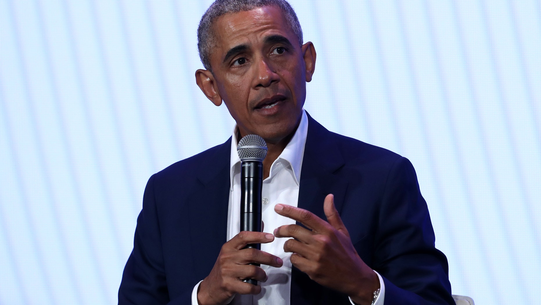 Former President Barack Obama expresses himself at MBK Rising! My brother's Guardian Alliance Summit, February 19, 2019, in Oakland, California.