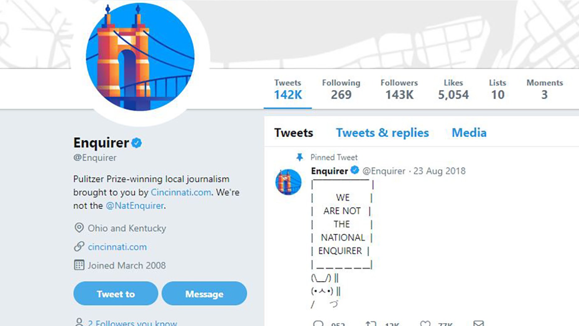 The Cincinnati Enquirer asked Amazon founder Jeff Bezos for help on Thursday after social media users mistakenly tagged them in posts meant for the National Enquirer tabloid.