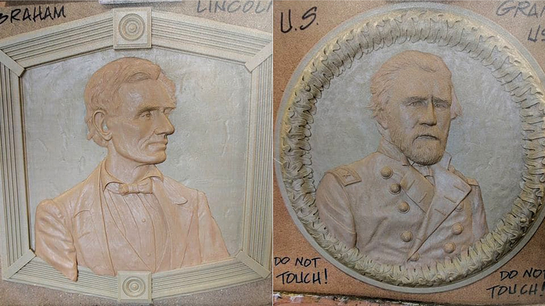 A proposed Civil War memorial in a small Maryland town may include a sculpted portrait of Abraham Lincoln (left), Ulysses S. Grant (right) and other historic figures. Most problematic is the idea to include Lincoln's assassin, John Wilkes Booth