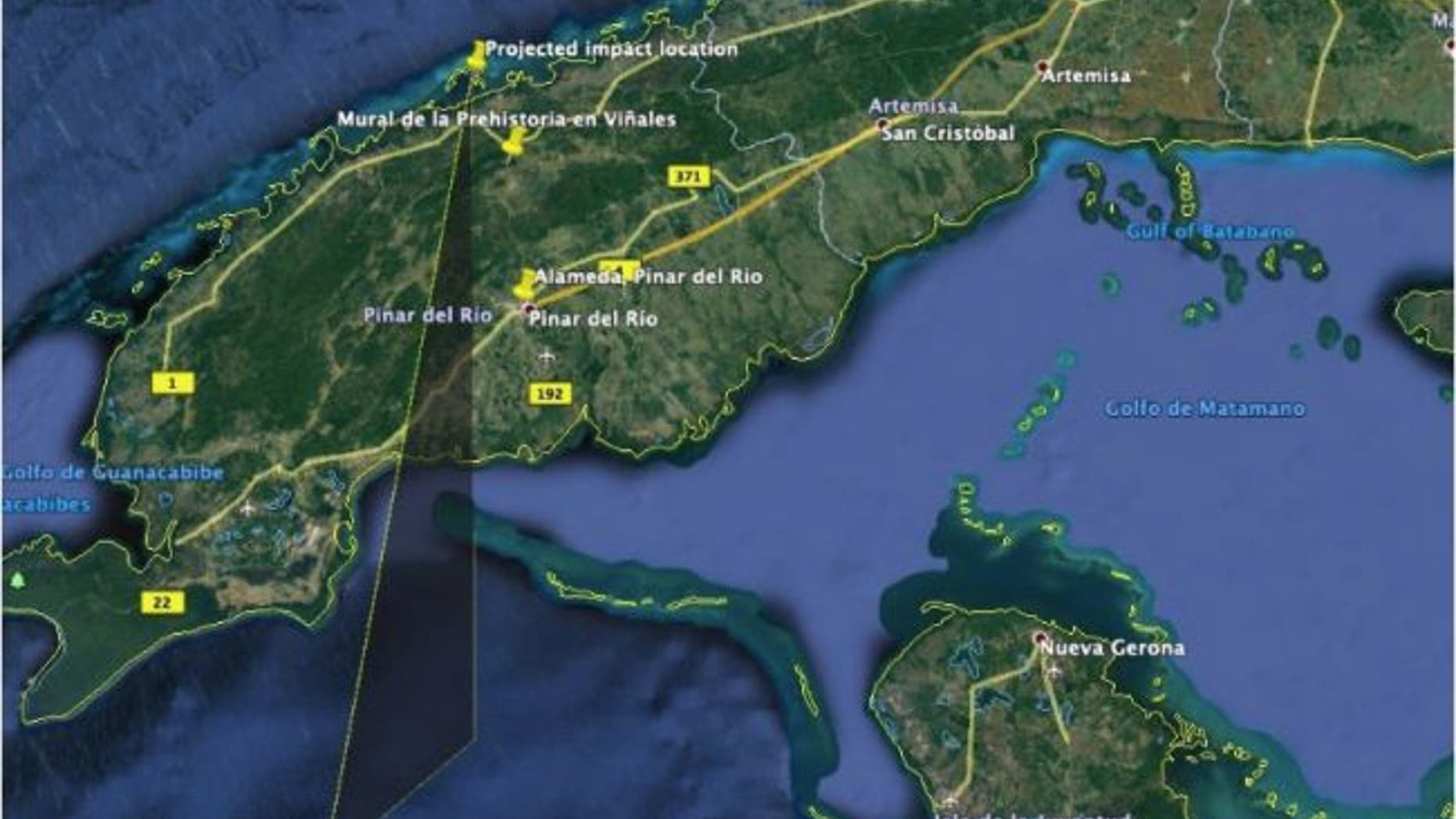 Trajectory of the meteor that fell over Cuba on Feb. 1, 2019, as reconstructed by a team of Colombian astronomers.