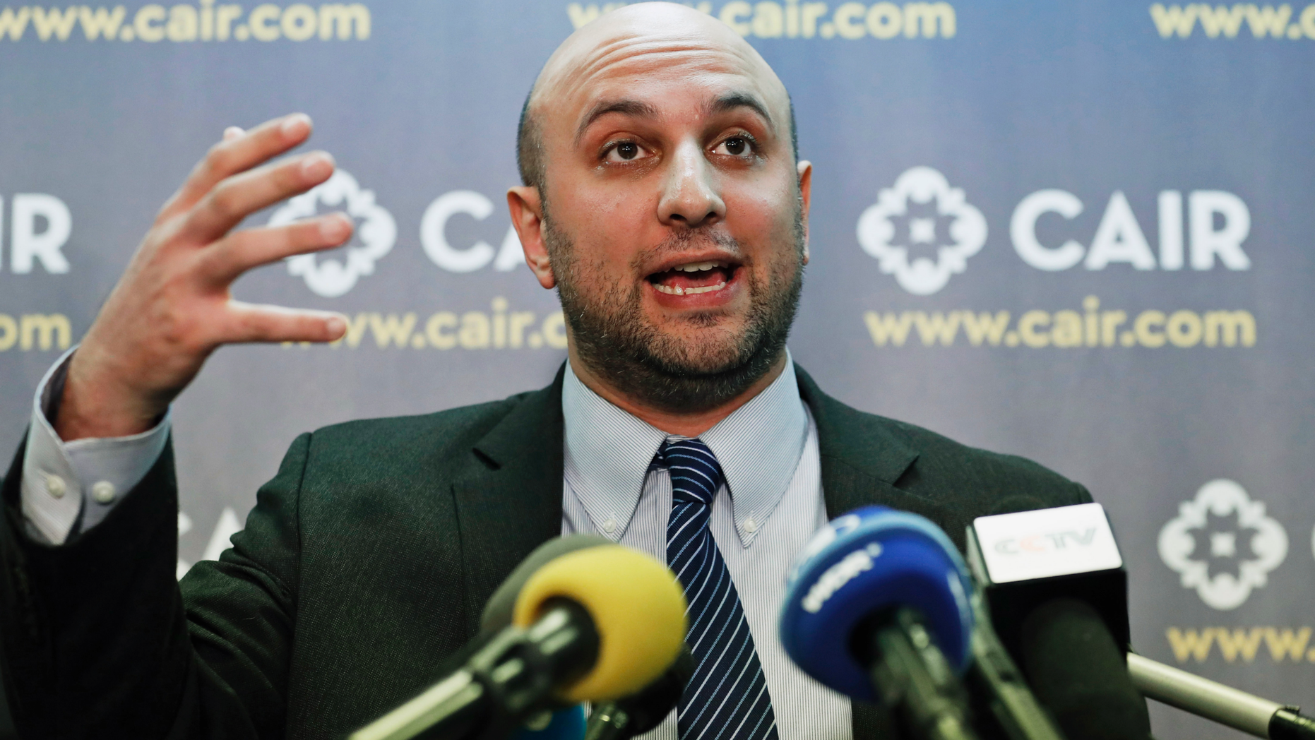 FILE - In this Jan. 30, 2017, file photo, attorney Gadeir Abbas speaks during a news conference at the Council on American-Islamic Relations (CAIR) in Washington. The federal government has acknowledged that it shares its terrorist watchlist with more than 1,400 private entities, including hospitals and universities, prompting concerns from civil libertarians that those mistakenly placed on the list could face a wide variety of hassles in their daily lives. (AP Photo/Alex Brandon, File)