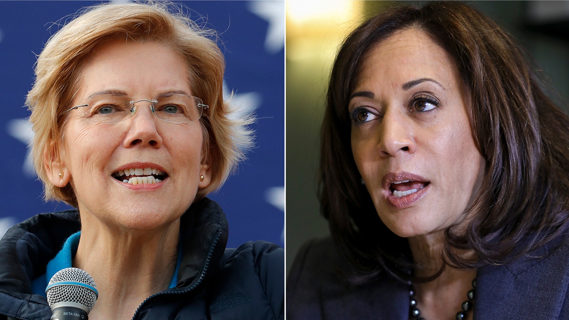 Democratic Sens. Elizabeth Warren of Massachusetts, left, and Kamala Harris of California have reportedly said they back reparations for black Americans affected by the legacy of slavery. (Associated Press)