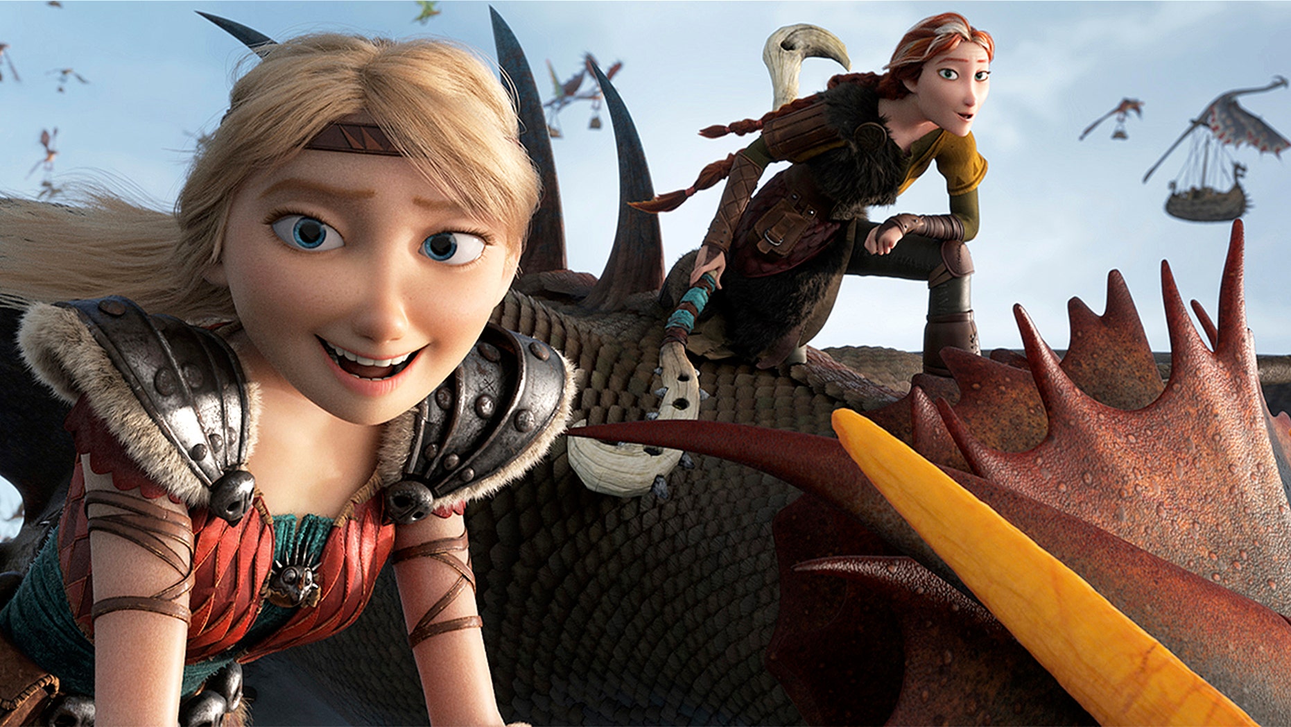 This image released by Universal Pictures shows characters Astrid, voiced by America Ferrera, left, and Valka, voiced by Cate Blanchett, in a scene from DreamWorks Animation's "How to Train Your Dragon: The Hidden World."