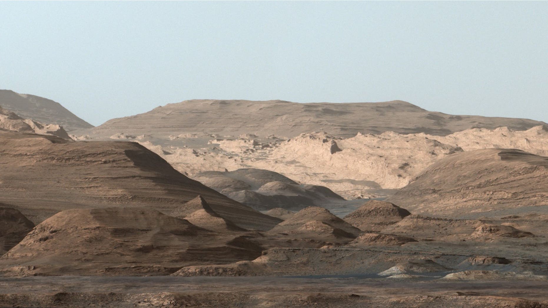 NASA's Mars rover Curiosity captured this composite image, which looks toward the higher regions of Mount Sharp, on Sept. 9, 2015.