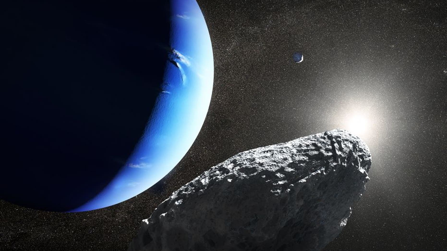 An artist's illustration of Netpune's smallest moon Hippocamp in orbit around the gas giant. It's just 20 miles across.